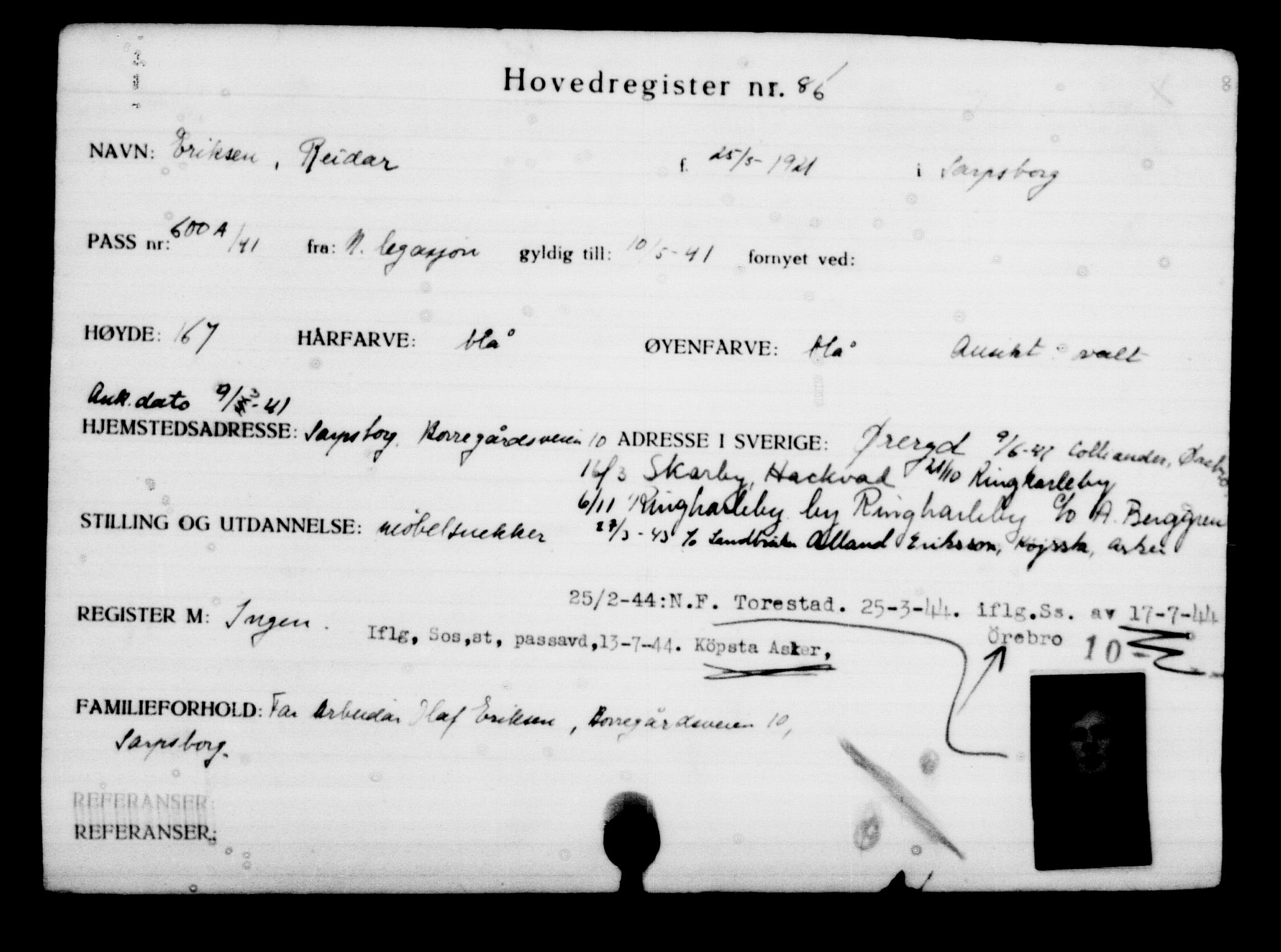 Utenriksstasjonene, Legasjonen i Stockholm, Flyktningkontoret, AV/RA-S-6753/V/Va/L0001: Kjesäterkartoteket, flyktninger med registreringsnr. 1-1000, 1940-1945, s. 149