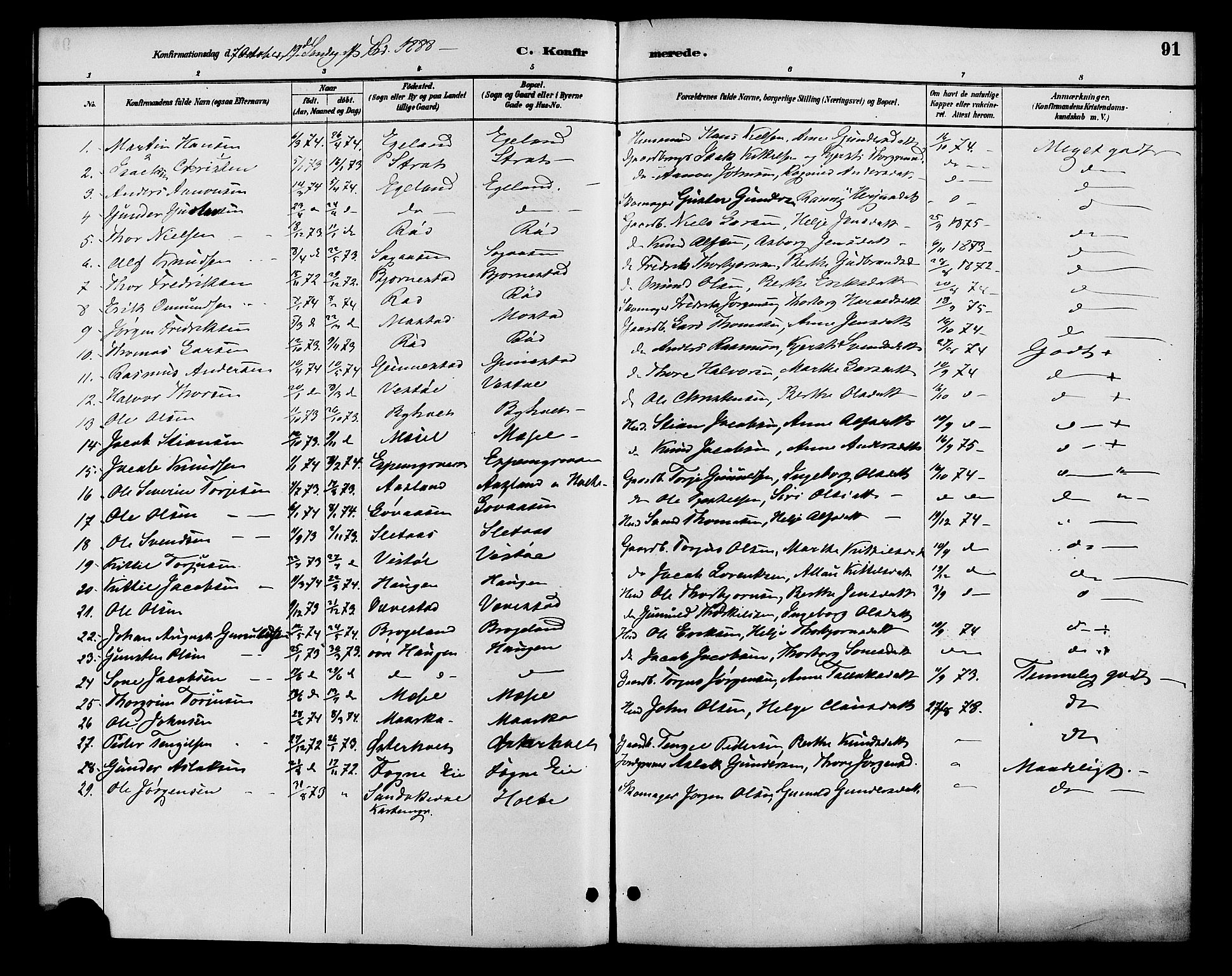 Gjerstad sokneprestkontor, AV/SAK-1111-0014/F/Fa/Faa/L0009: Ministerialbok nr. A 9, 1885-1890, s. 91