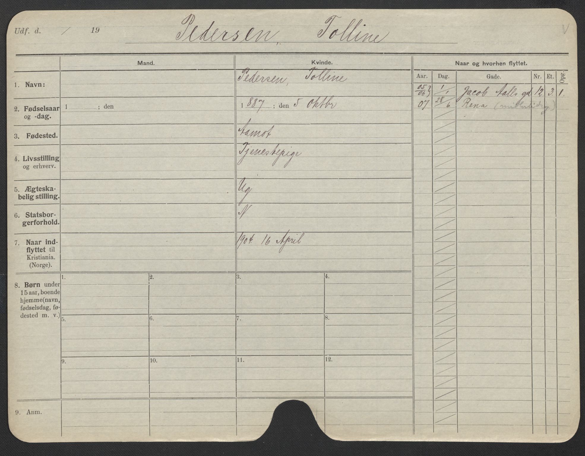 Oslo folkeregister, Registerkort, AV/SAO-A-11715/F/Fa/Fac/L0022: Kvinner, 1906-1914, s. 884a