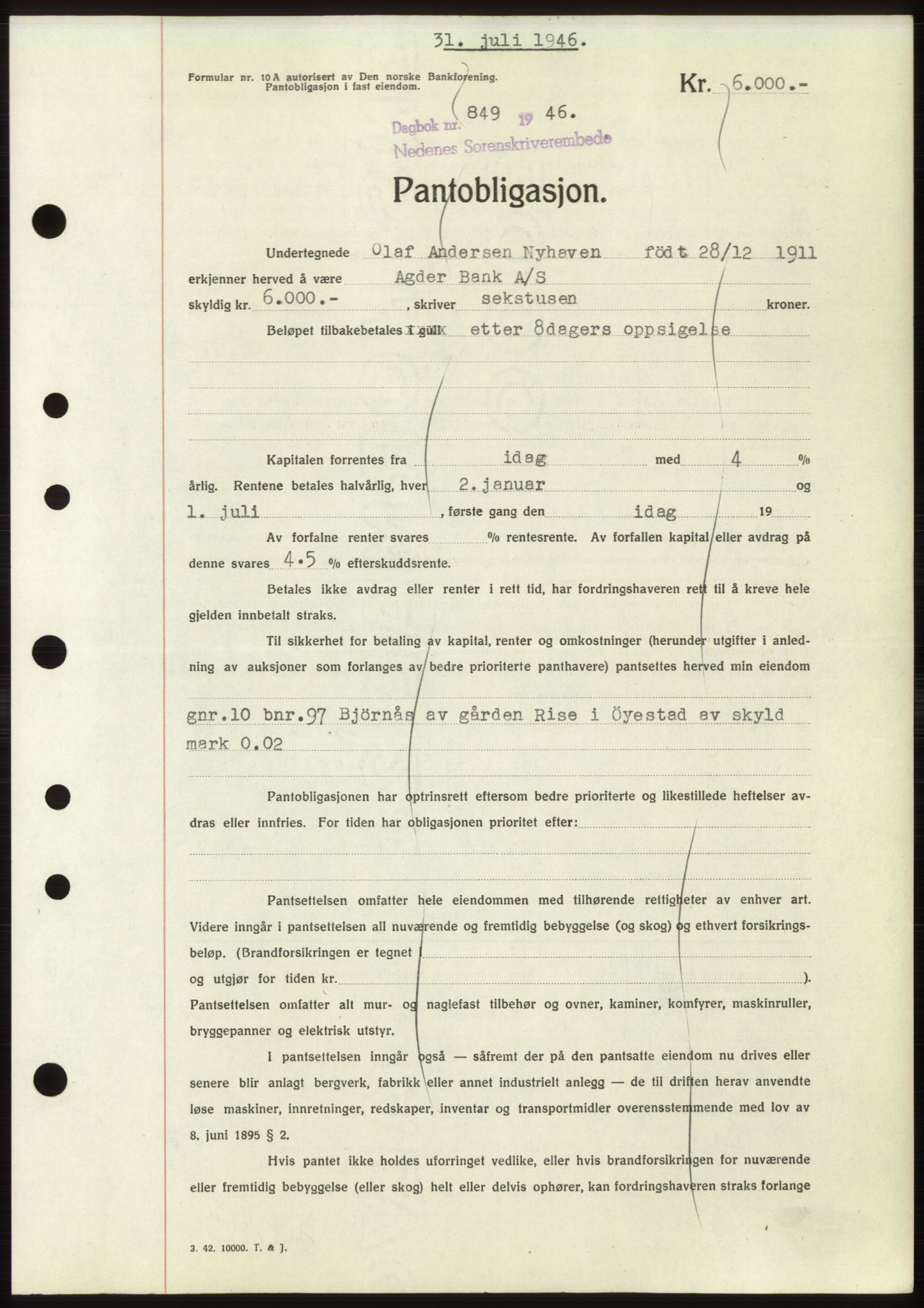 Nedenes sorenskriveri, SAK/1221-0006/G/Gb/Gbb/L0003: Pantebok nr. B3b, 1946-1946, Dagboknr: 849/1946