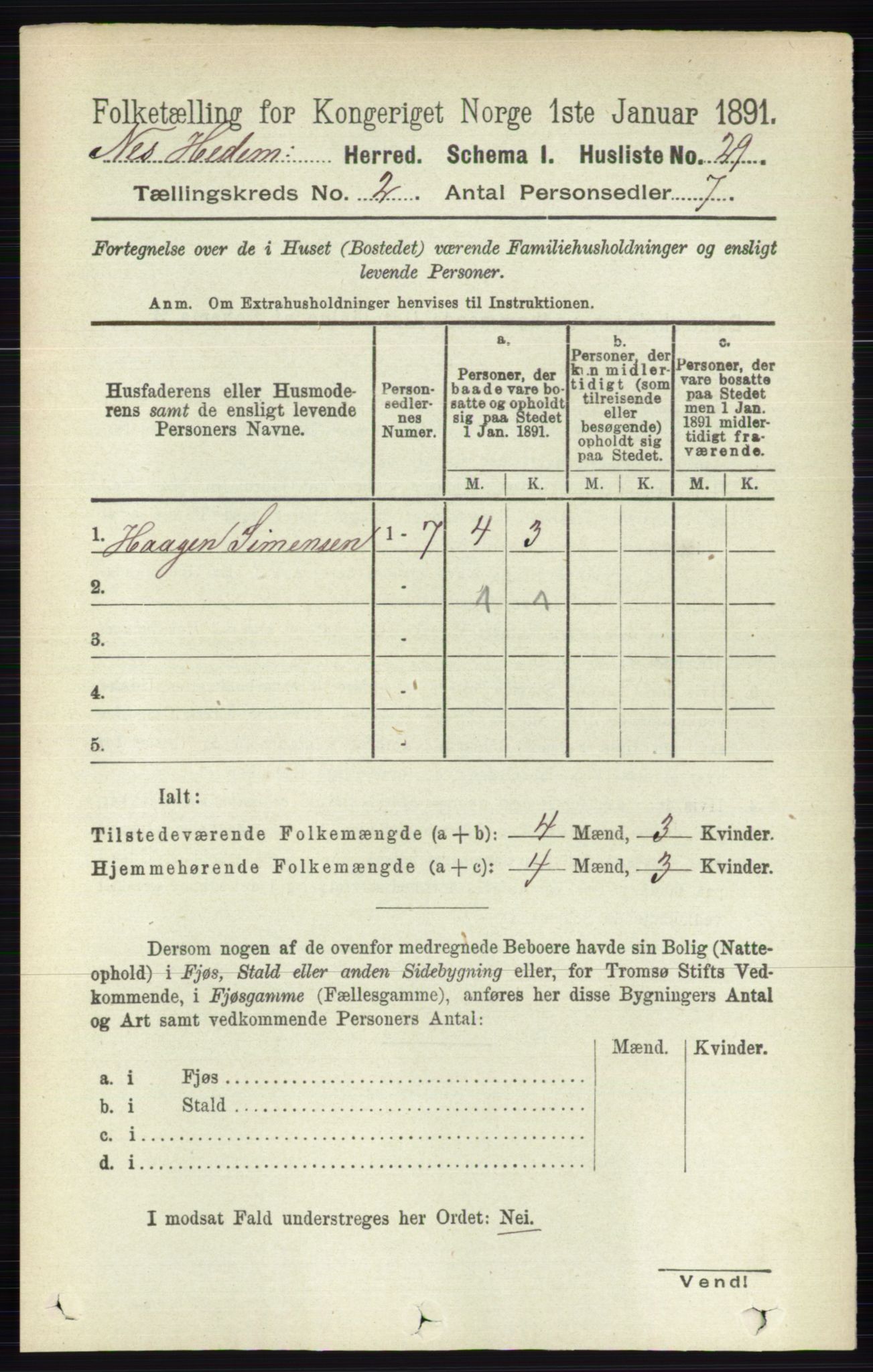 RA, Folketelling 1891 for 0411 Nes herred, 1891, s. 1033