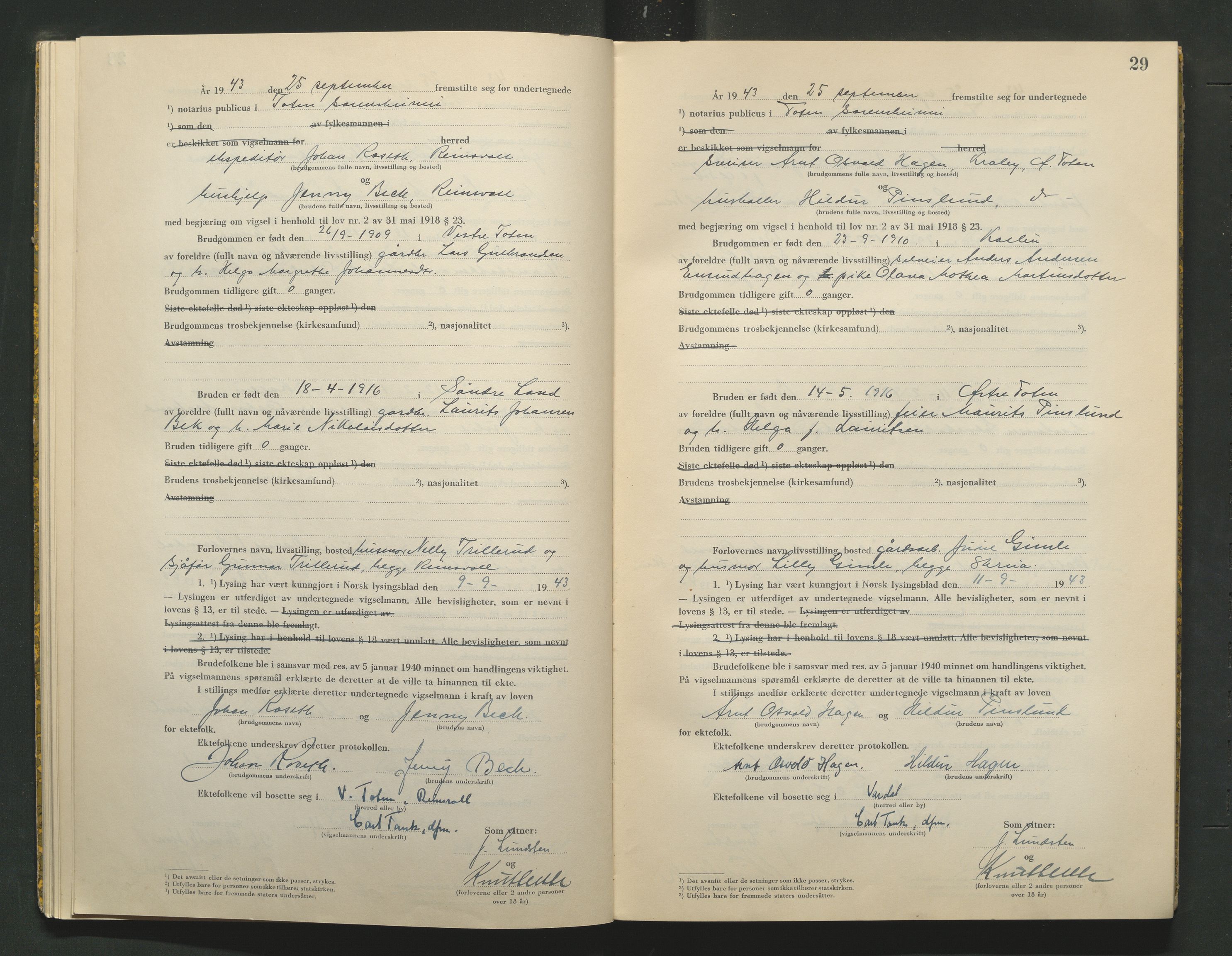 Toten tingrett, AV/SAH-TING-006/L/Lc/L0003: Vigselbok, 1943-1944, s. 29