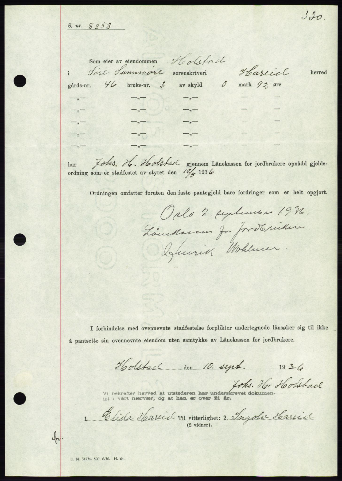 Søre Sunnmøre sorenskriveri, AV/SAT-A-4122/1/2/2C/L0061: Pantebok nr. 55, 1936-1936, Dagboknr: 1342/1936