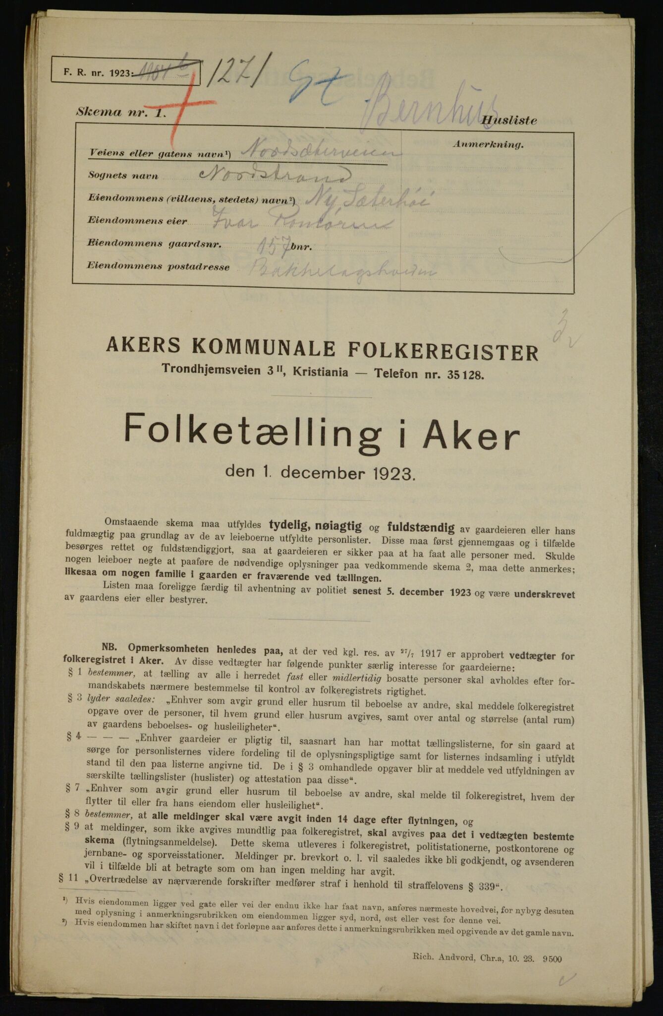 , Kommunal folketelling 1.12.1923 for Aker, 1923, s. 43975