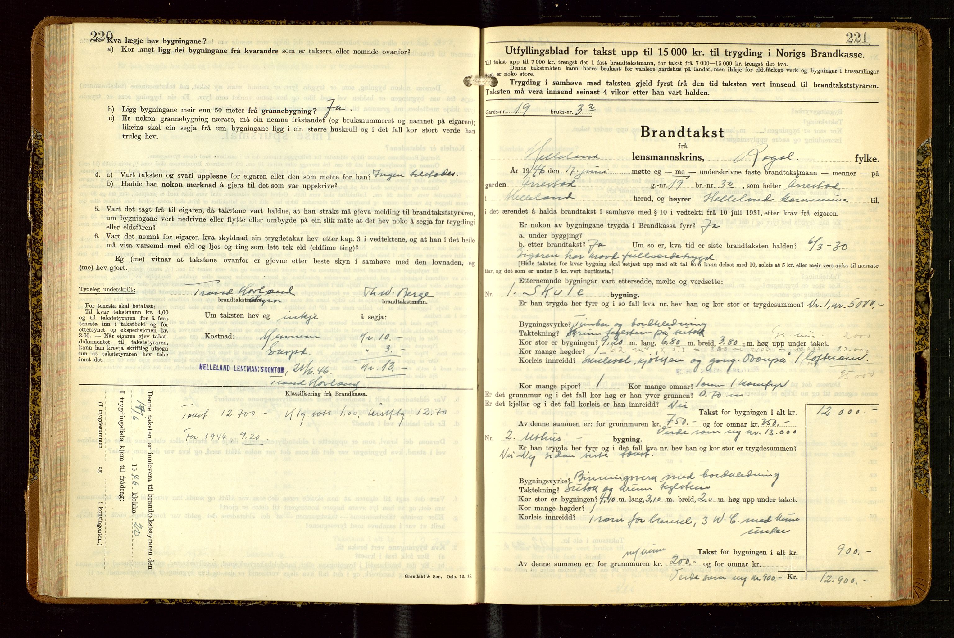 Helleland lensmannskontor, AV/SAST-A-100209/Gob/L0004: "Brandtakstbok", 1939-1949, s. 220-221