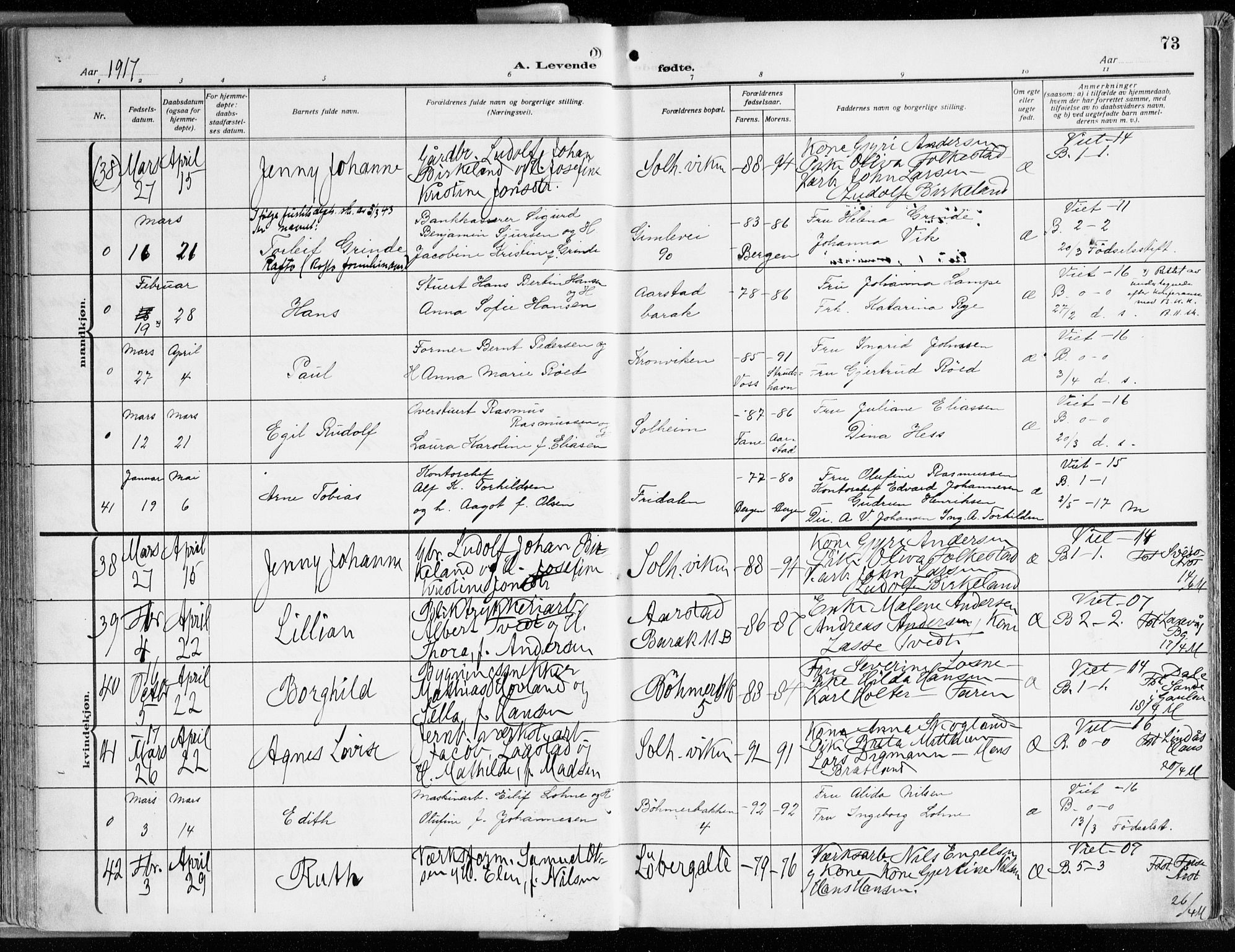 Årstad Sokneprestembete, AV/SAB-A-79301/H/Haa/L0003: Ministerialbok nr. A 3, 1914-1919, s. 73