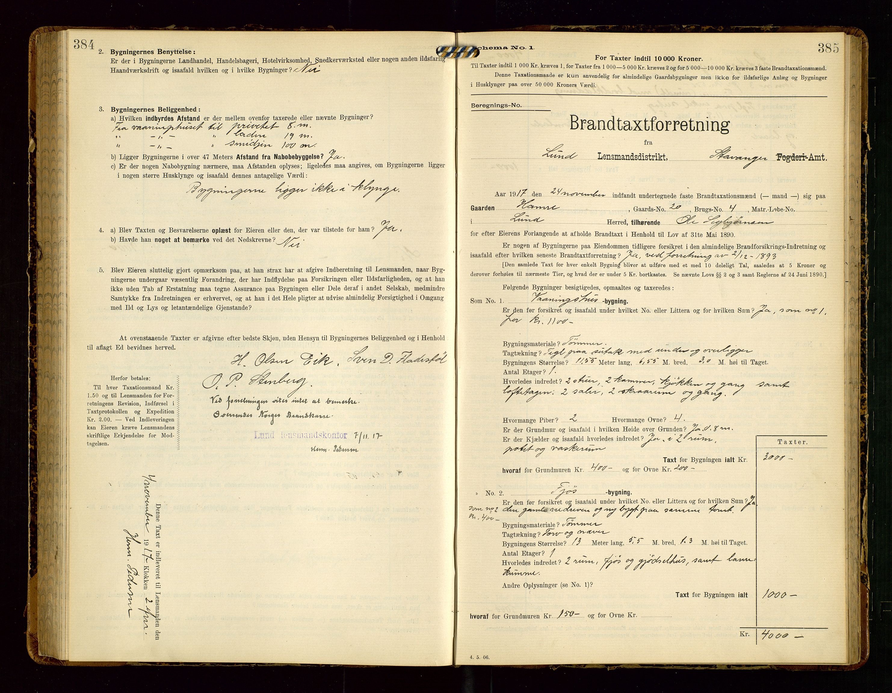 Lund lensmannskontor, SAST/A-100303/Gob/L0002: "Brandtakstprotokol", 1908-1918, s. 384-385
