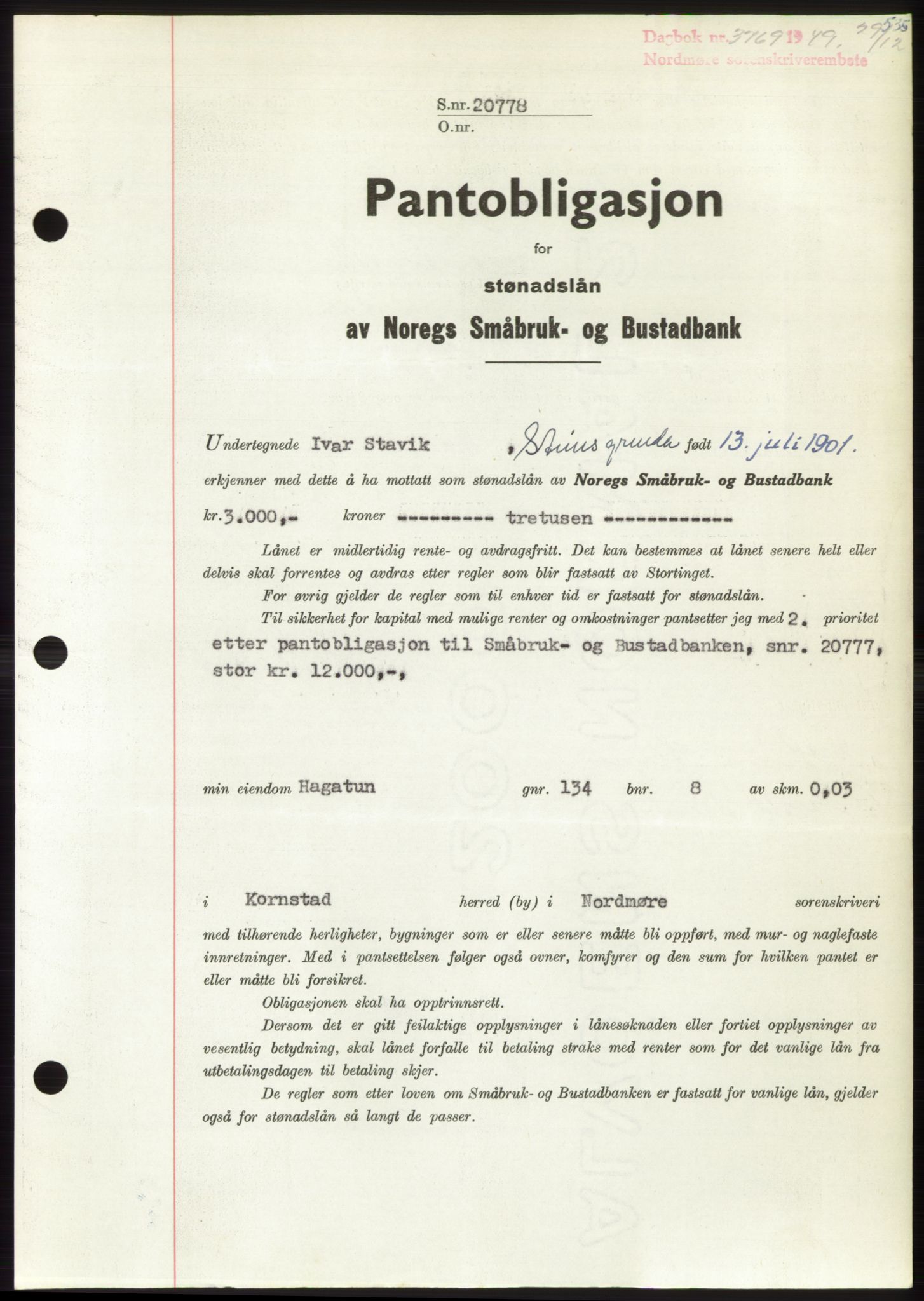 Nordmøre sorenskriveri, AV/SAT-A-4132/1/2/2Ca: Pantebok nr. B103, 1949-1950, Dagboknr: 3769/1949