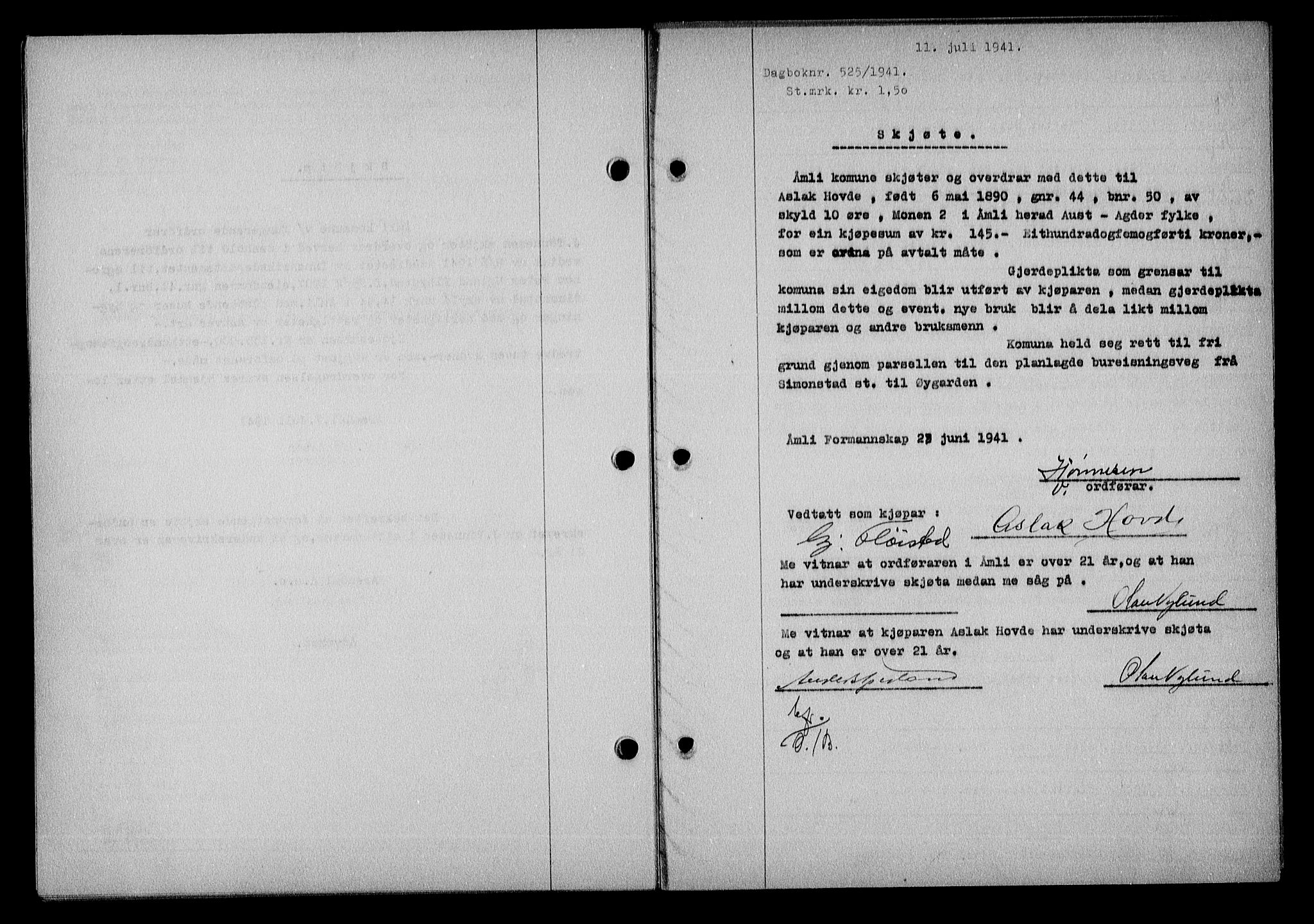 Nedenes sorenskriveri, SAK/1221-0006/G/Gb/Gba/L0048: Pantebok nr. A-II, 1940-1941, Dagboknr: 525/1941