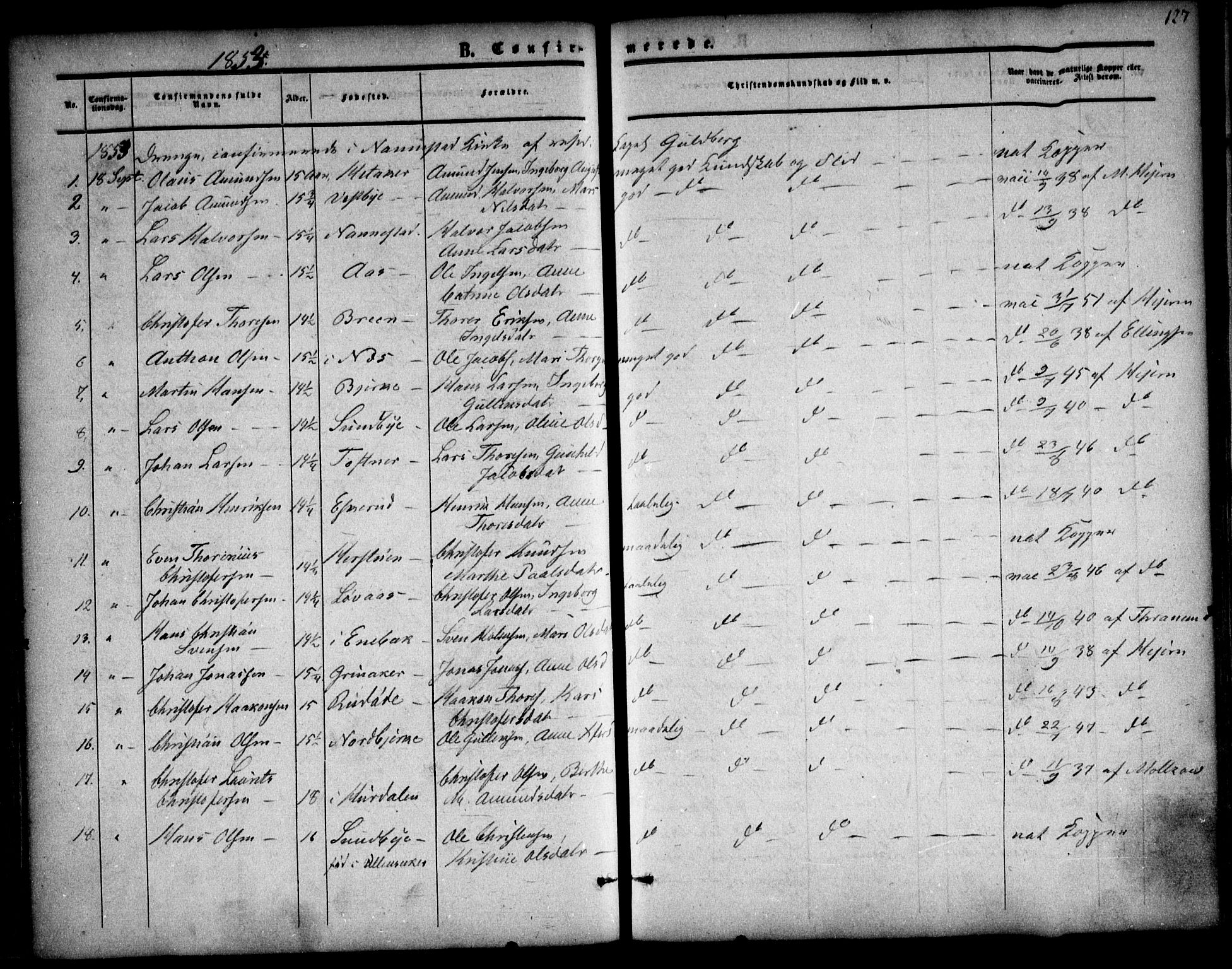 Nannestad prestekontor Kirkebøker, AV/SAO-A-10414a/F/Fa/L0011: Ministerialbok nr. I 11, 1850-1859, s. 127