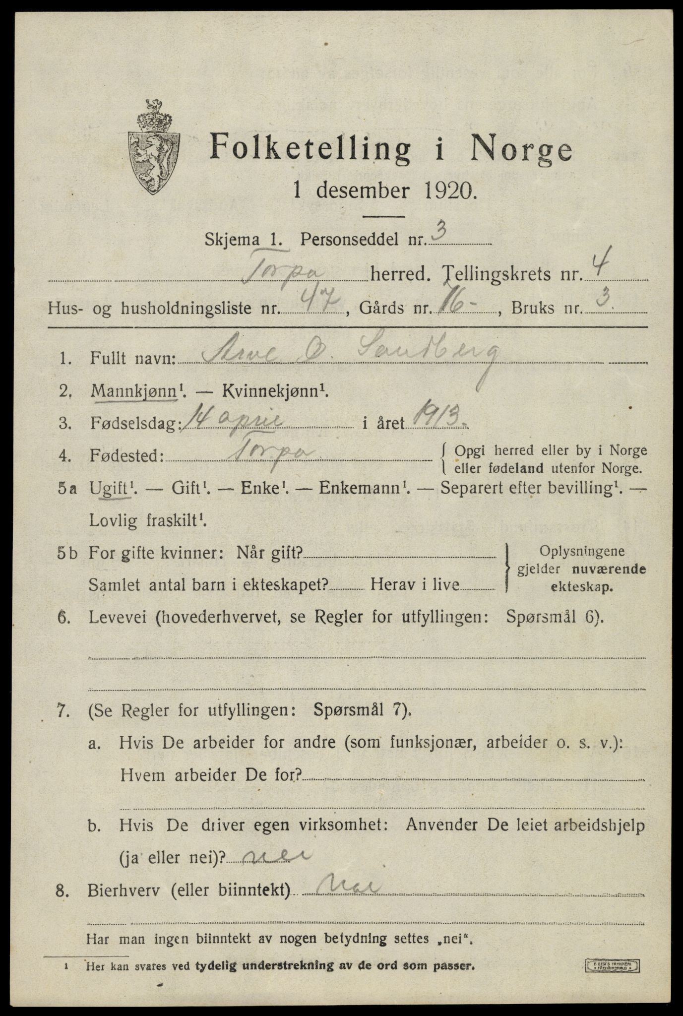 SAH, Folketelling 1920 for 0539 Torpa herred, 1920, s. 3483