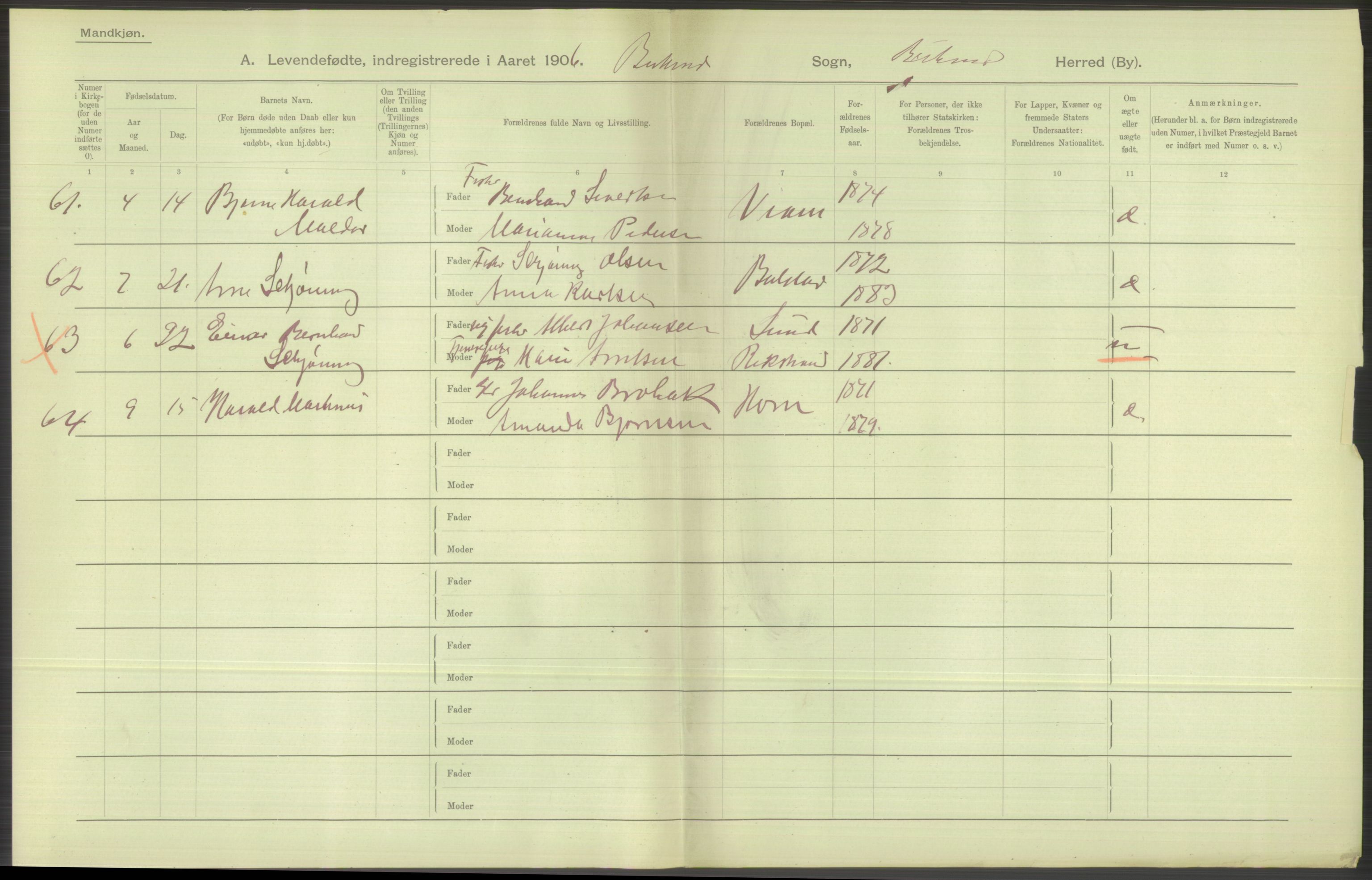Statistisk sentralbyrå, Sosiodemografiske emner, Befolkning, AV/RA-S-2228/D/Df/Dfa/Dfad/L0044: Nordlands amt: Levendefødte menn og kvinner. Bygder., 1906, s. 8