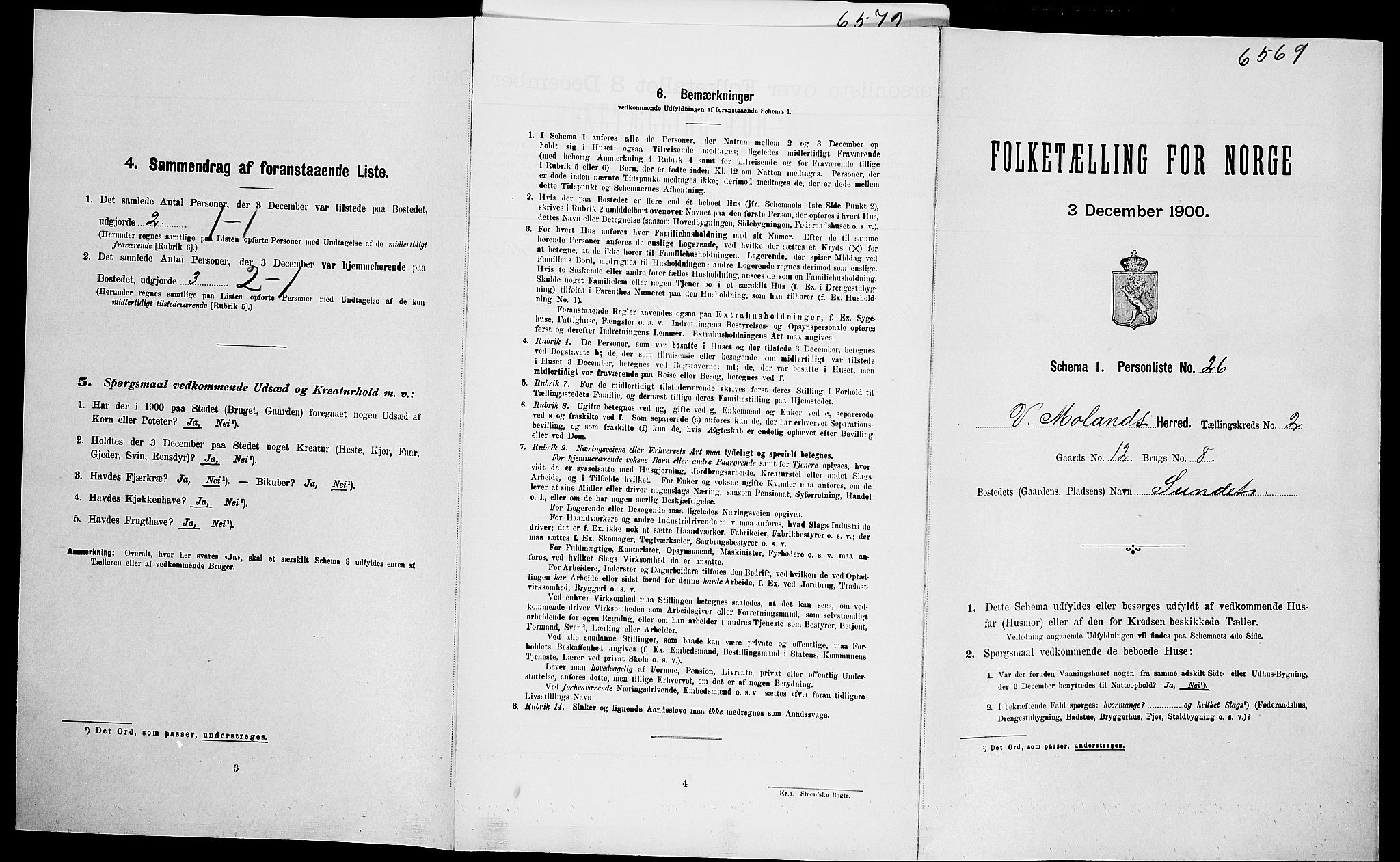 SAK, Folketelling 1900 for 0926 Vestre Moland herred, 1900, s. 286