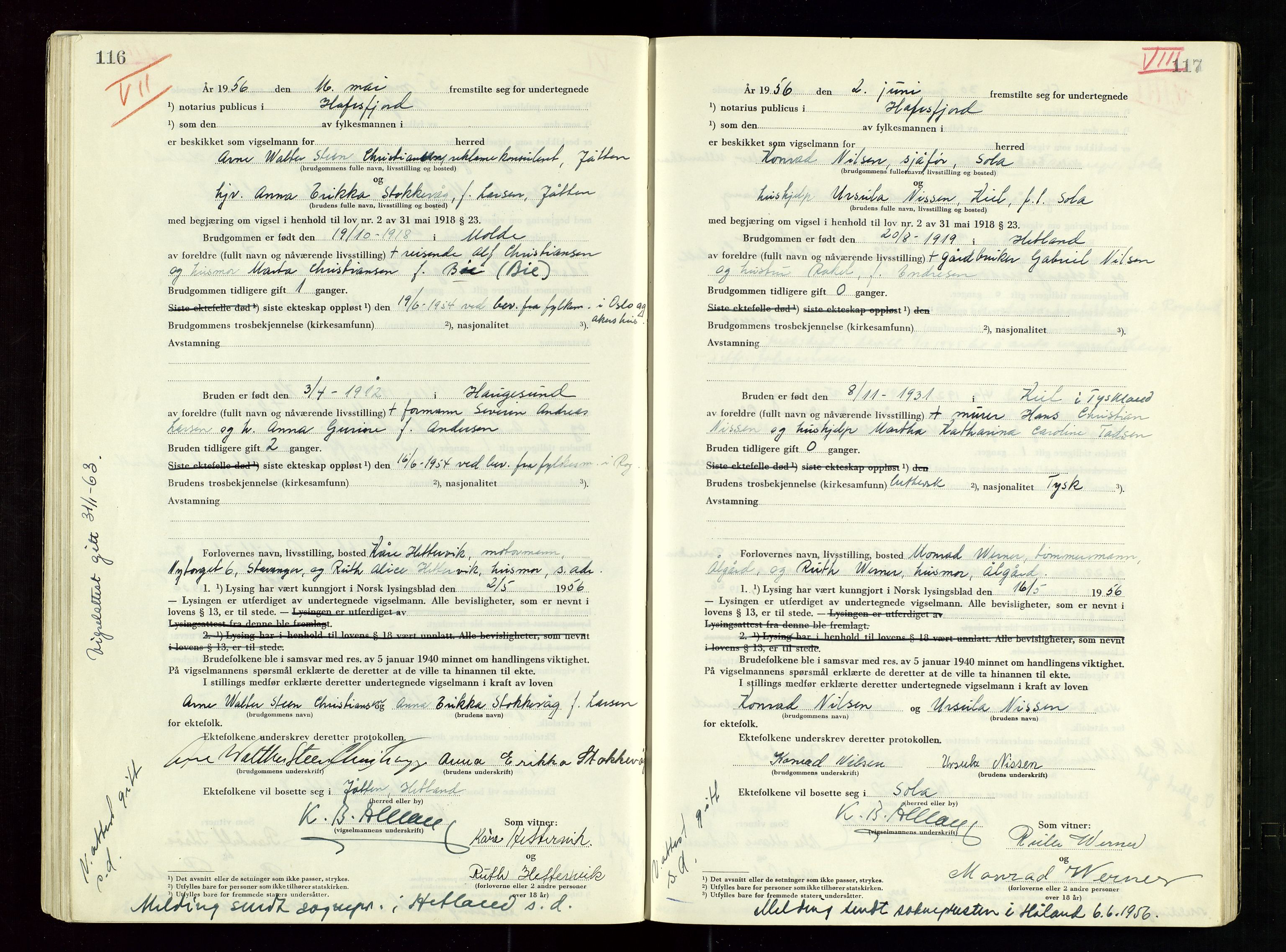 Hafrsfjord sorenskriveri, SAST/A-100313/I/Ic/L0001: "Vigsels-bok", 1951-1959, s. 116-117