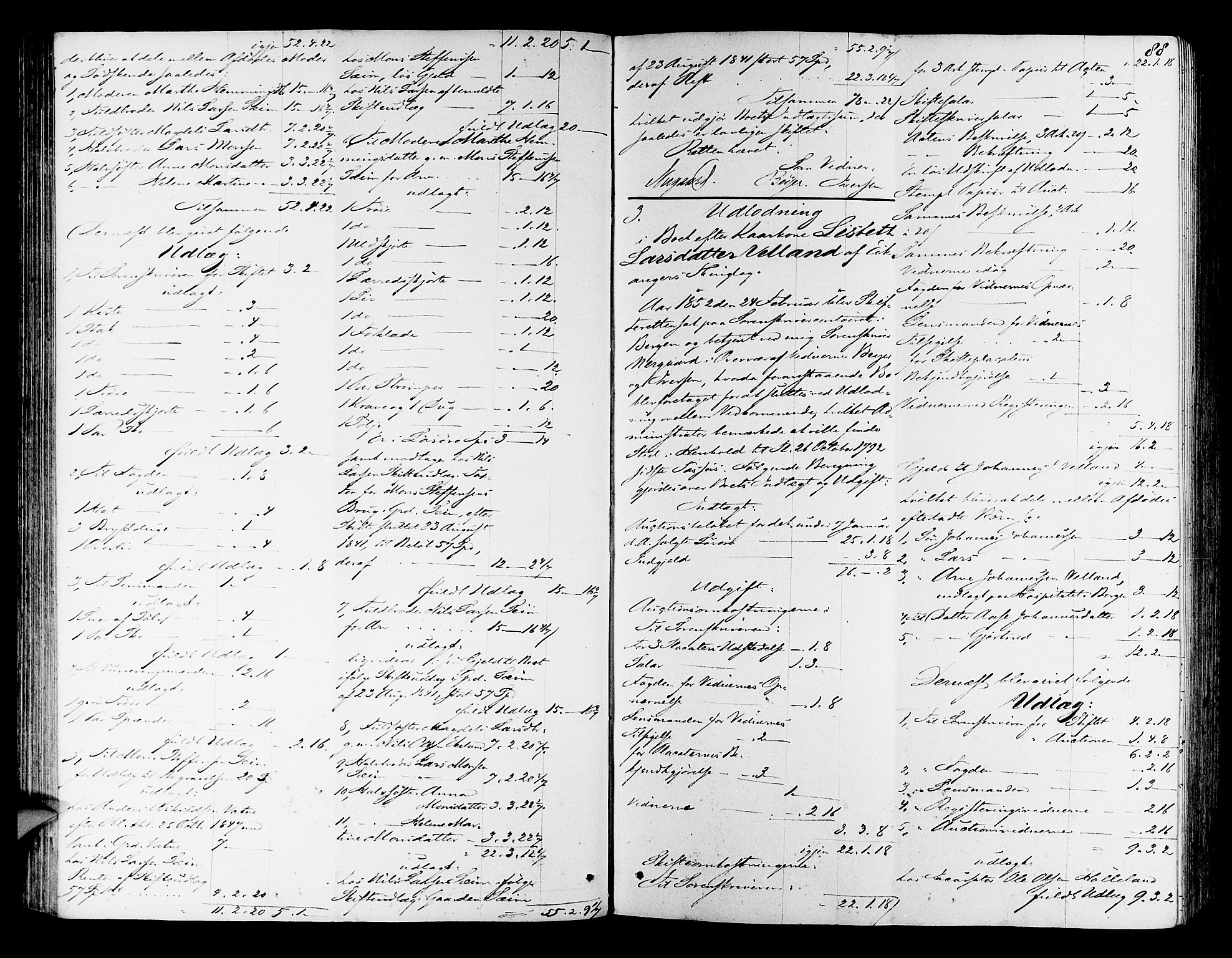 Nordhordland sorenskrivar, SAB/A-2901/1/H/Hd/Hda/L0005: Skifteutlodningsprotokollar, 1851-1857, s. 87b-88a