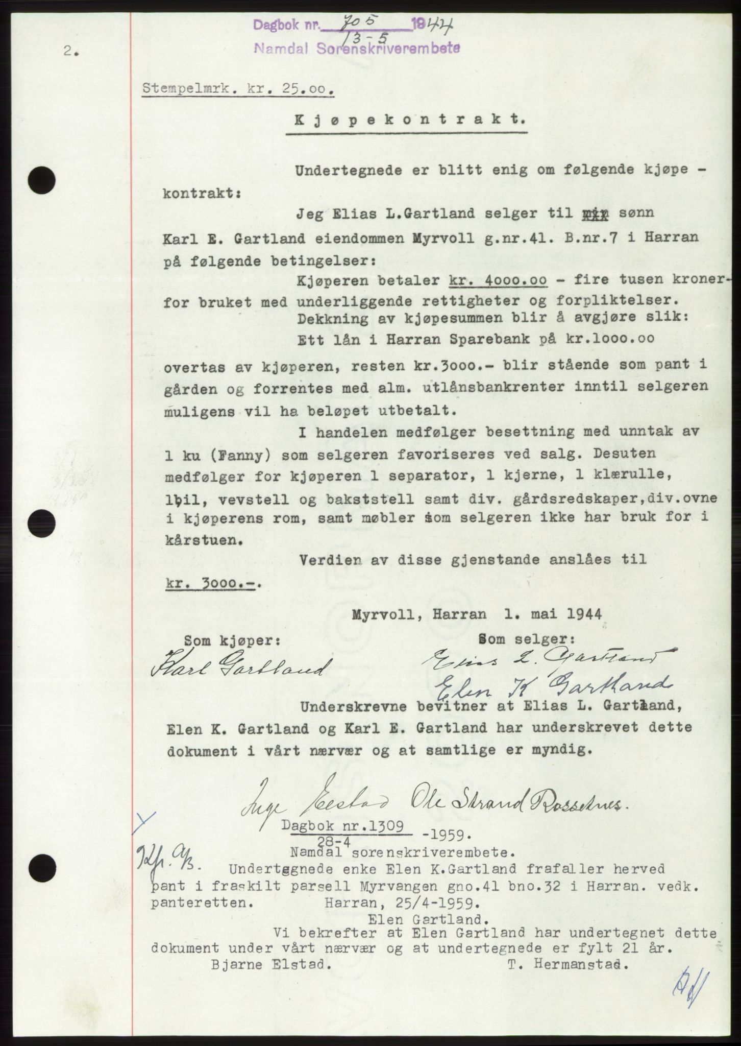 Namdal sorenskriveri, SAT/A-4133/1/2/2C: Pantebok nr. -, 1944-1945, Dagboknr: 705/1944