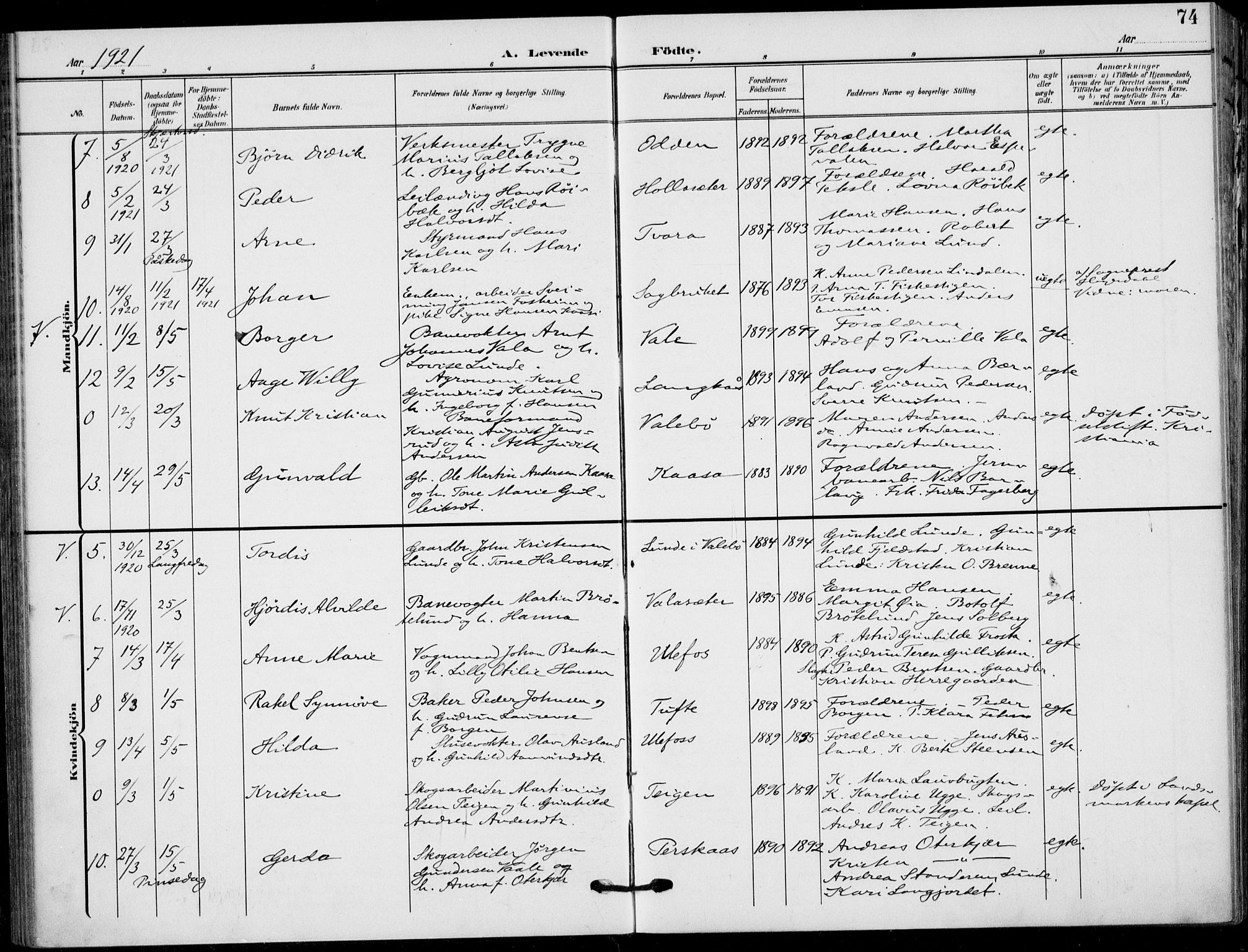 Holla kirkebøker, AV/SAKO-A-272/F/Fa/L0012: Ministerialbok nr. 12, 1907-1923, s. 74