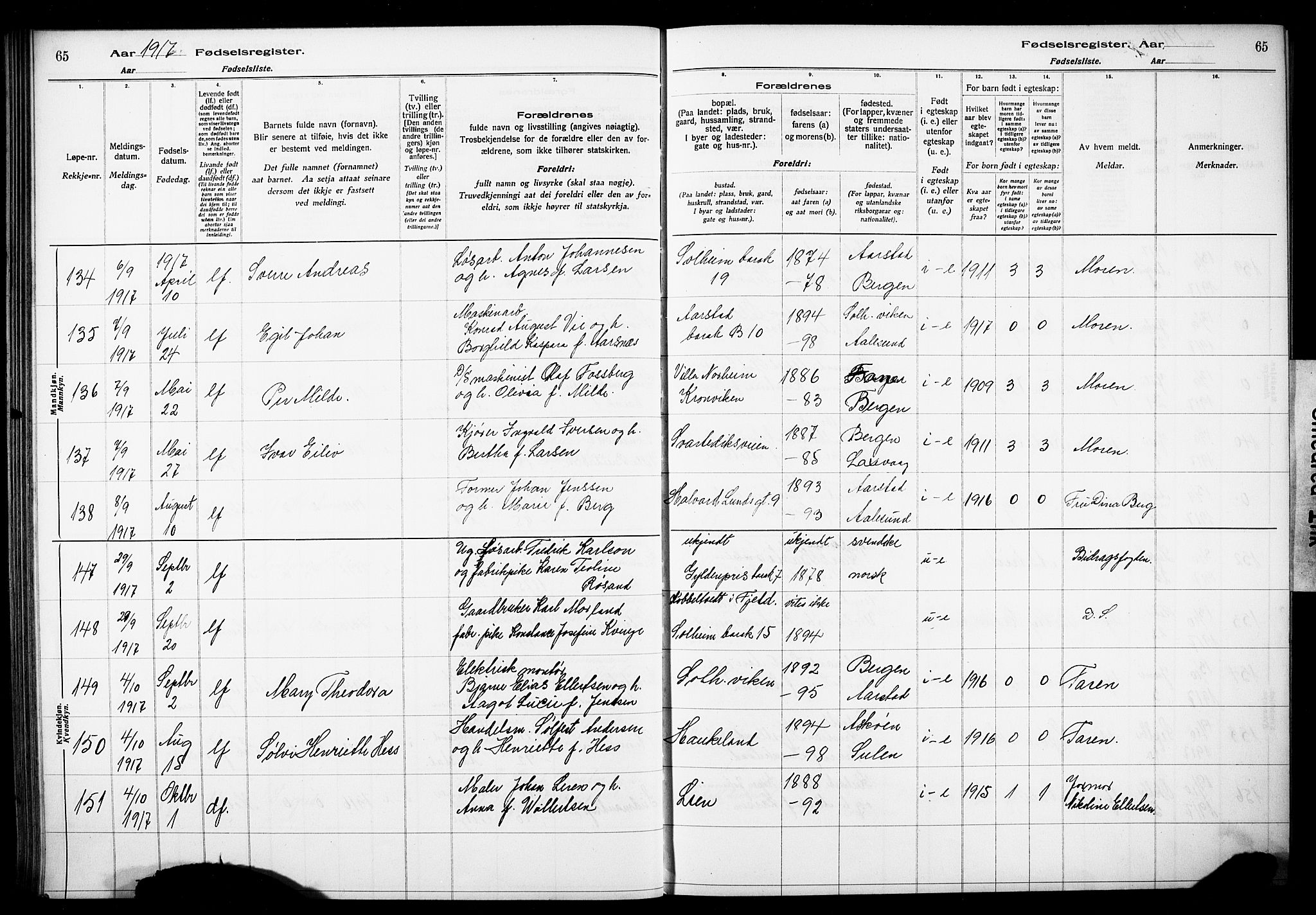 Årstad Sokneprestembete, SAB/A-79301/I/Id/L0A01: Fødselsregister nr. A 1, 1916-1920, s. 65