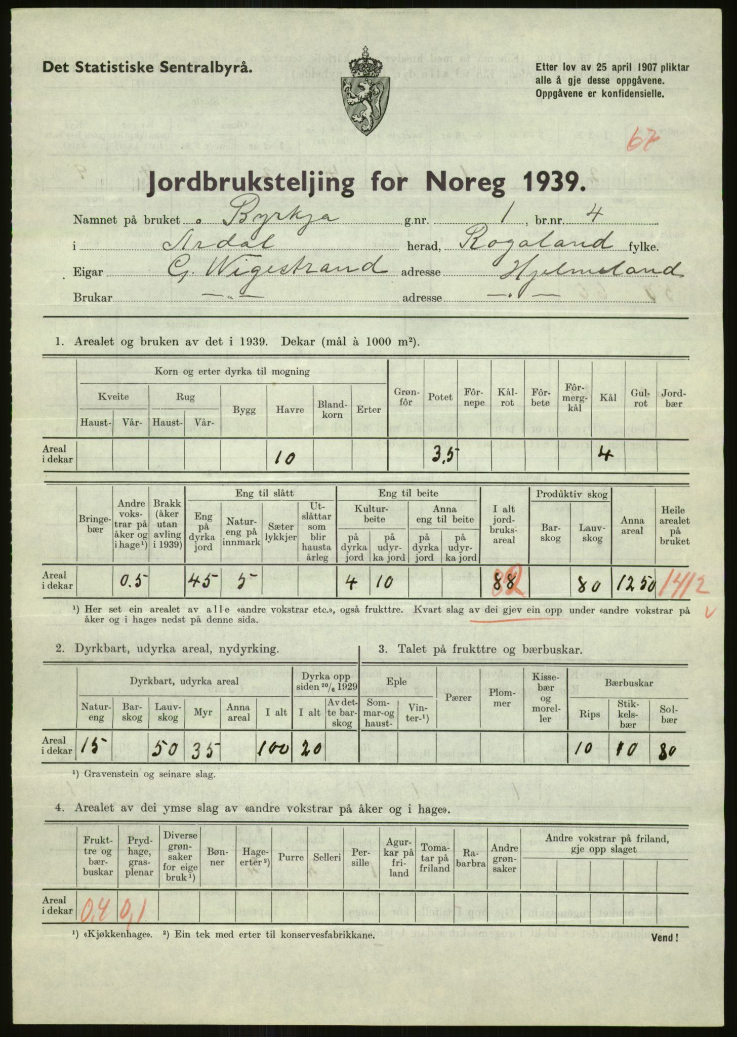 Statistisk sentralbyrå, Næringsøkonomiske emner, Jordbruk, skogbruk, jakt, fiske og fangst, AV/RA-S-2234/G/Gb/L0184: Rogaland: Årdal, Fister og Hjelmeland, 1939, s. 753