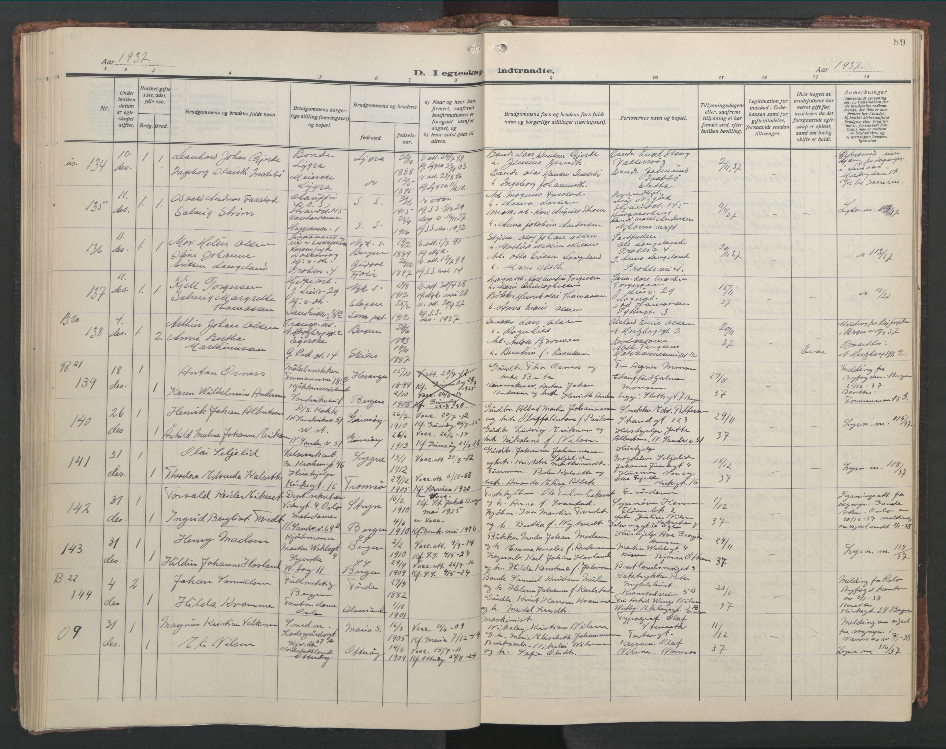 Sandviken Sokneprestembete, AV/SAB-A-77601/H/Hb/L0015: Klokkerbok nr. D 2, 1929-1953, s. 88b-89a