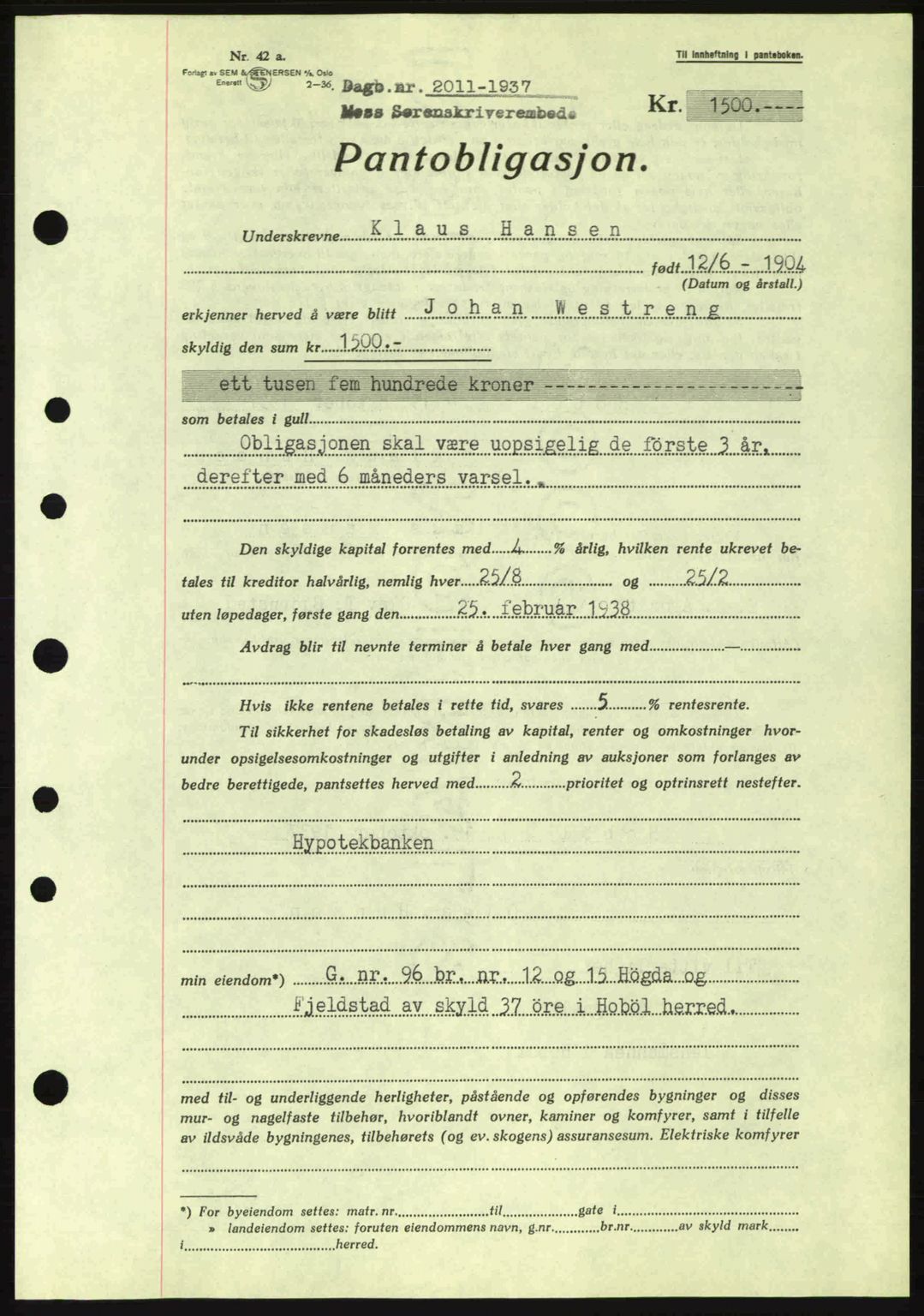 Moss sorenskriveri, SAO/A-10168: Pantebok nr. B4, 1937-1938, Dagboknr: 2011/1937