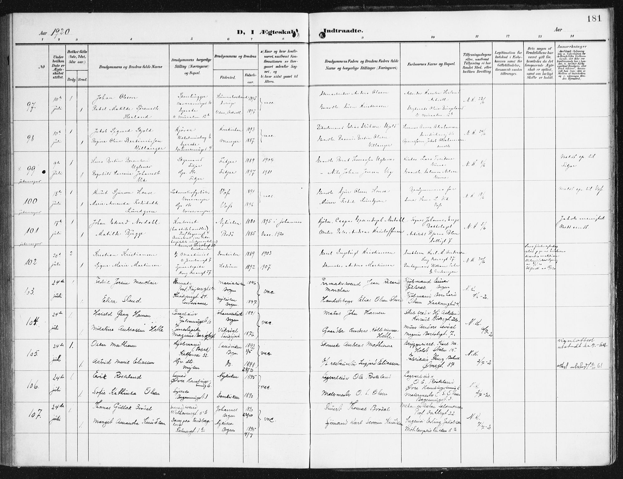 Domkirken sokneprestembete, AV/SAB-A-74801/H/Haa/L0038: Ministerialbok nr. D 5, 1906-1921, s. 181
