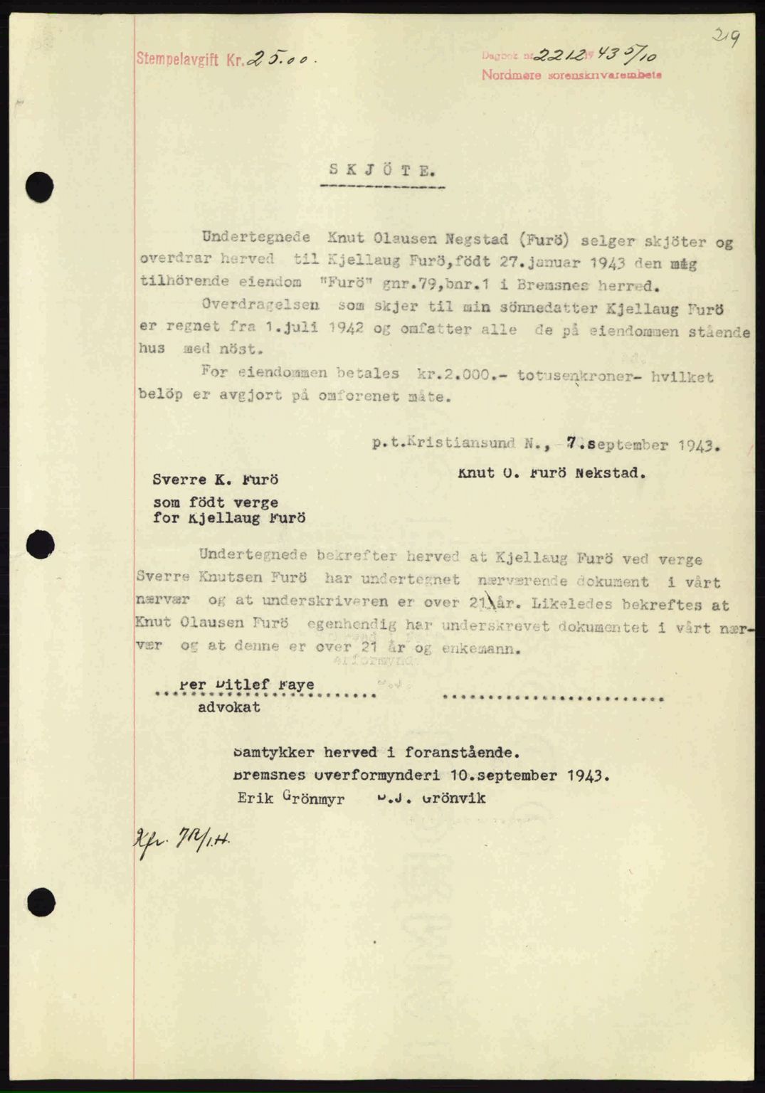 Nordmøre sorenskriveri, AV/SAT-A-4132/1/2/2Ca: Pantebok nr. A96, 1943-1944, Dagboknr: 2212/1943