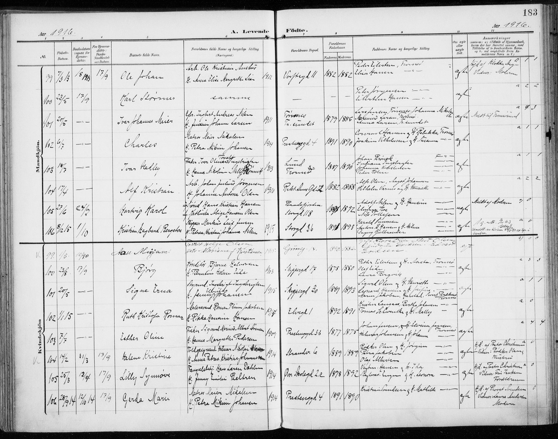 Tromsø sokneprestkontor/stiftsprosti/domprosti, AV/SATØ-S-1343/G/Ga/L0017kirke: Ministerialbok nr. 17, 1907-1917, s. 183