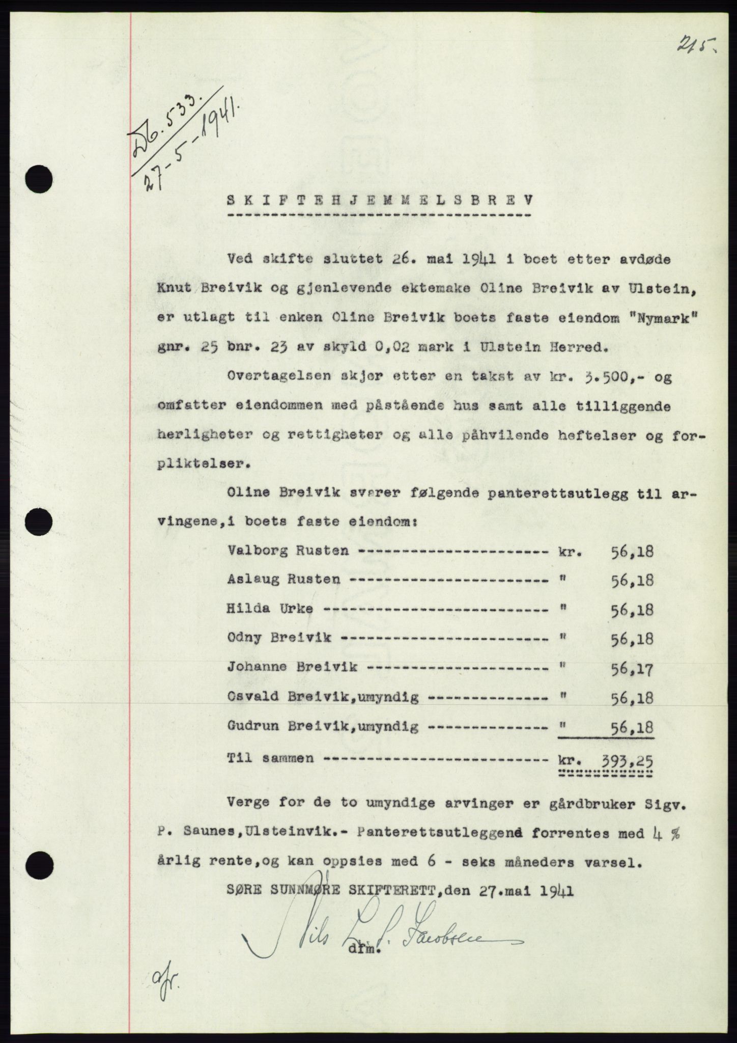 Søre Sunnmøre sorenskriveri, AV/SAT-A-4122/1/2/2C/L0071: Pantebok nr. 65, 1941-1941, Dagboknr: 533/1941