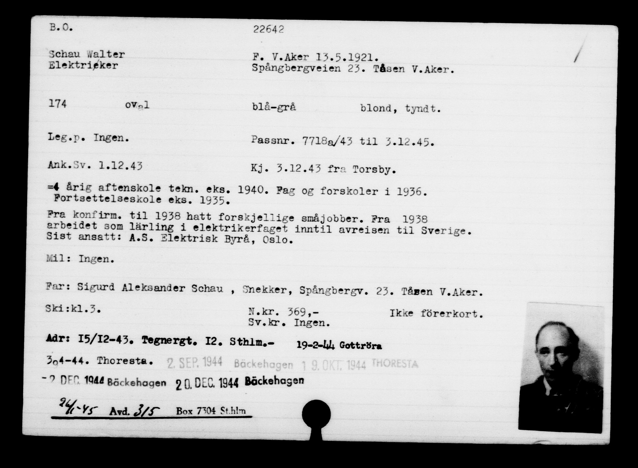 Utenriksstasjonene, Legasjonen i Stockholm, Flyktningkontoret, AV/RA-S-6753/V/Va/L0010: Kjesäterkartoteket, flyktninger med registreringsnr. 22000-25314, 1940-1945, s. 706