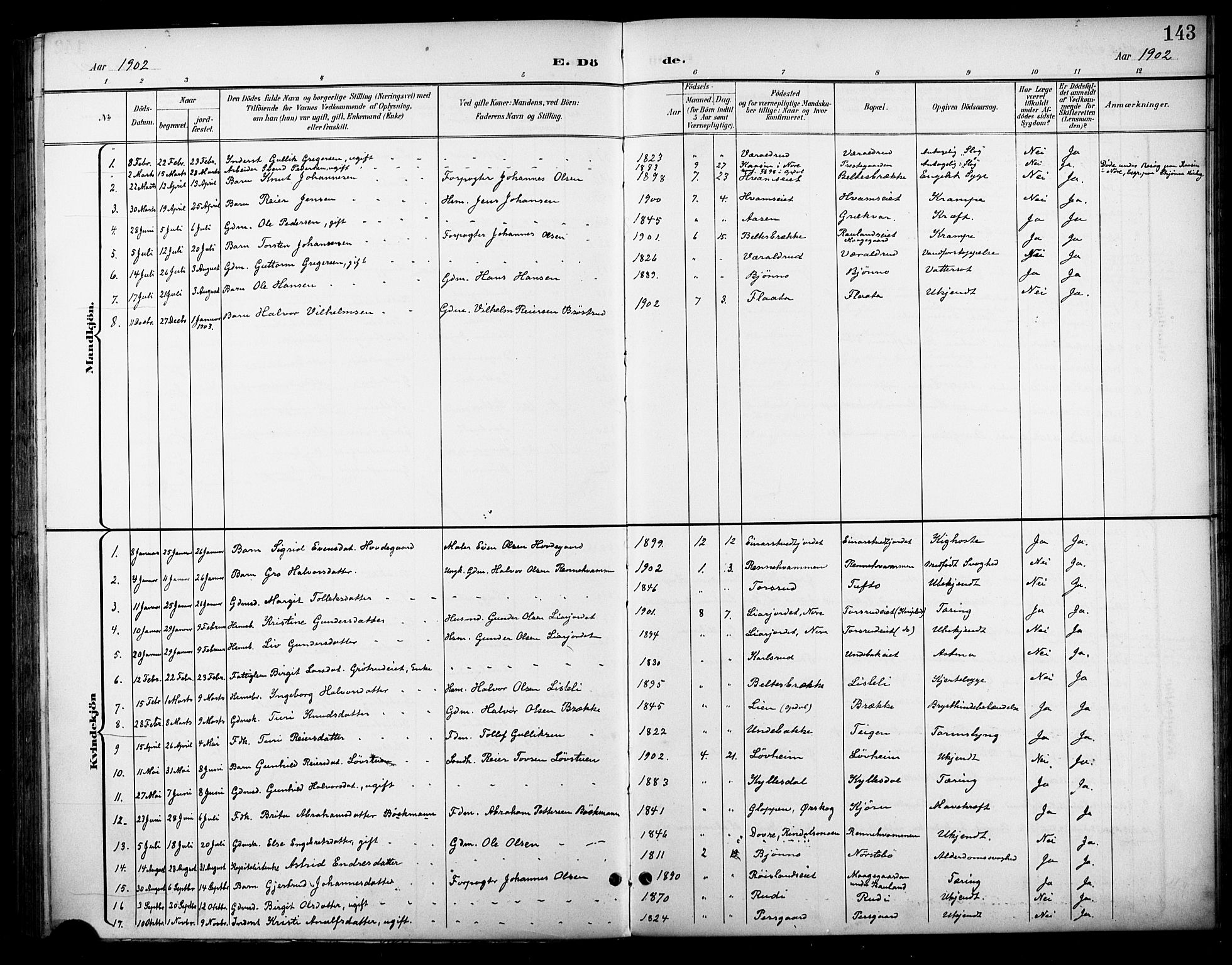 Nore kirkebøker, AV/SAKO-A-238/F/Fc/L0005: Ministerialbok nr. III 5, 1898-1922, s. 143