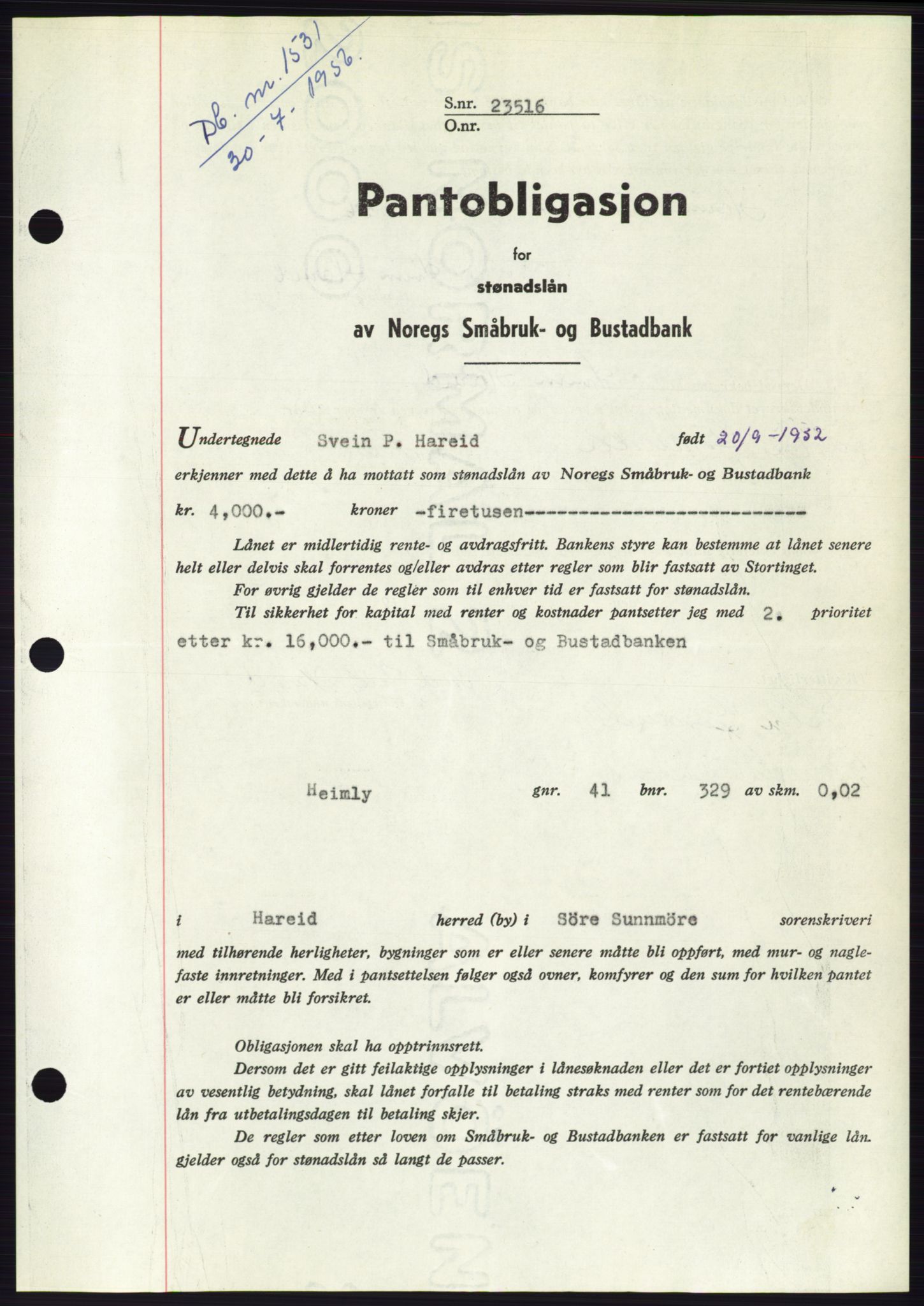 Søre Sunnmøre sorenskriveri, SAT/A-4122/1/2/2C/L0128: Pantebok nr. 16B, 1956-1956, Dagboknr: 1531/1956