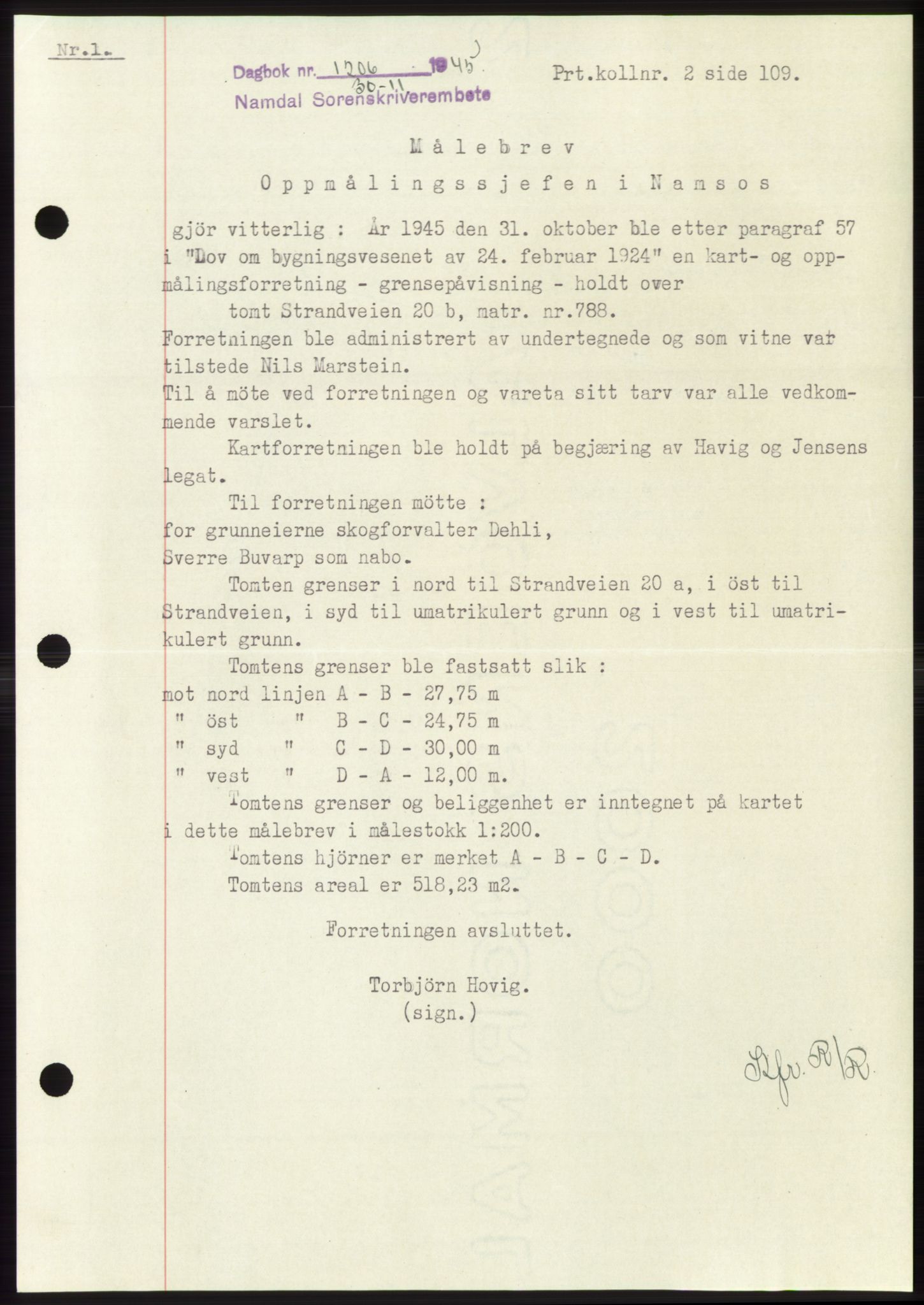 Namdal sorenskriveri, SAT/A-4133/1/2/2C: Pantebok nr. -, 1944-1945, Dagboknr: 1206/1945