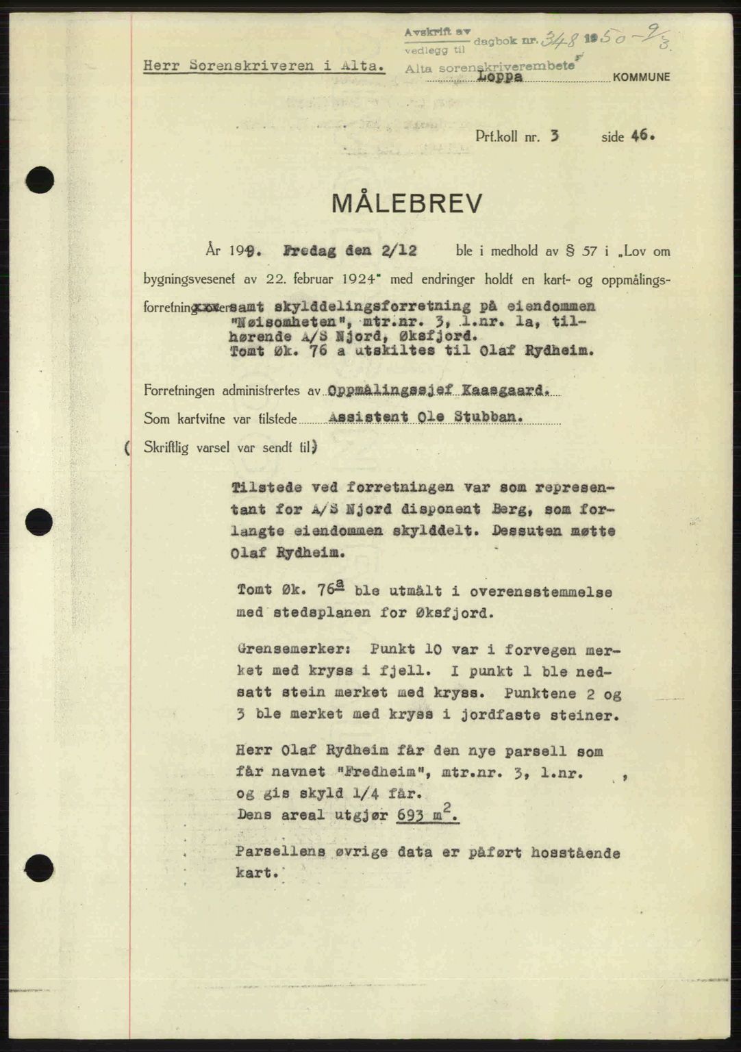 Alta fogderi/sorenskriveri, SATØ/SATØ-5/1/K/Kd/L0038pantebok: Pantebok nr. 41-42, 1949-1950, Dagboknr: 348/1950