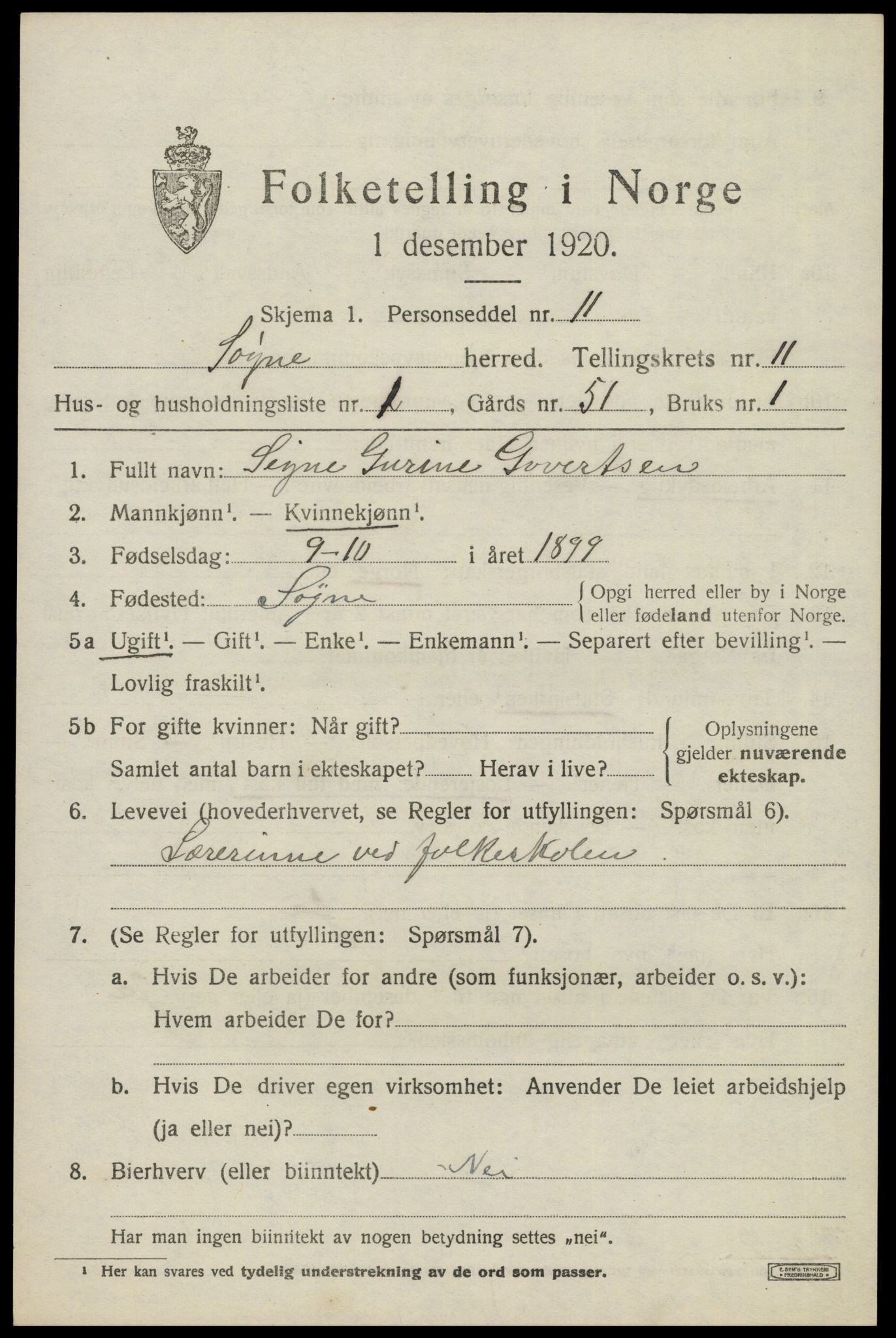 SAK, Folketelling 1920 for 1018 Søgne herred, 1920, s. 5619
