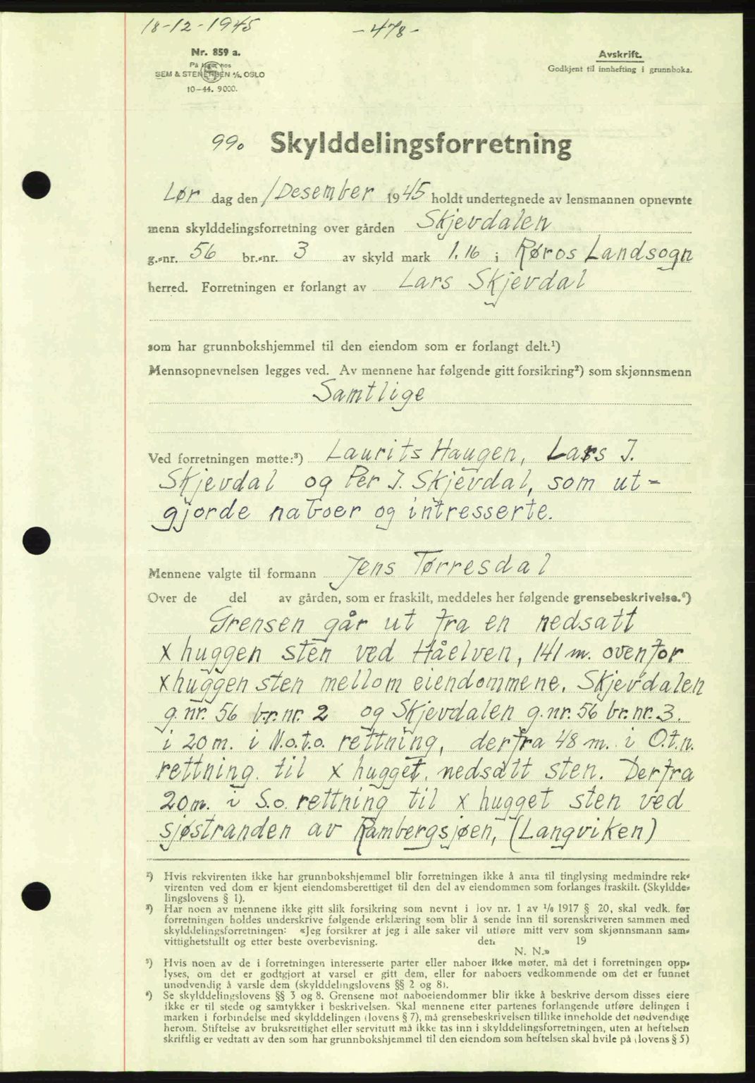 Gauldal sorenskriveri, SAT/A-0014/1/2/2C: Pantebok nr. A1a, 1945-1945, Dagboknr: 990/1945
