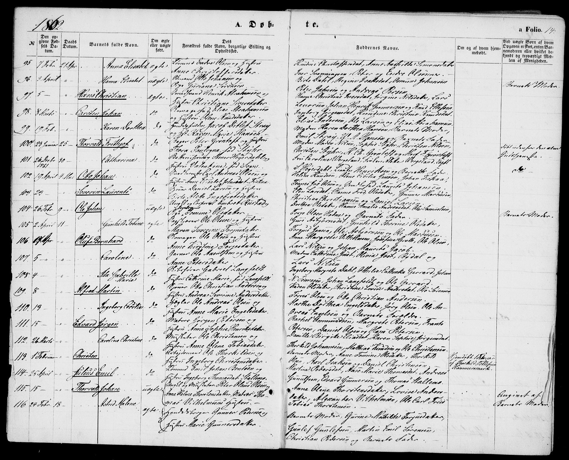 Kristiansand domprosti, AV/SAK-1112-0006/F/Fb/L0012: Klokkerbok nr. B 12, 1861-1870, s. 14
