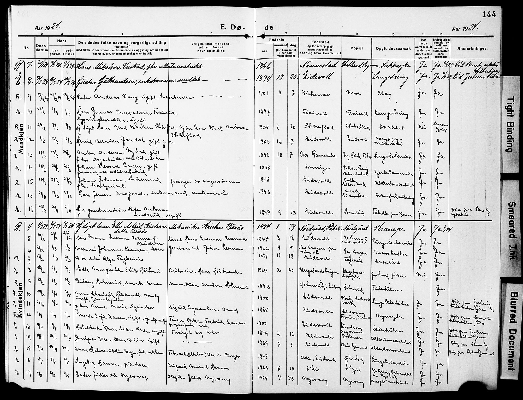 Eidsvoll prestekontor Kirkebøker, AV/SAO-A-10888/G/Ga/L0009: Klokkerbok nr. I 9, 1914-1927, s. 144