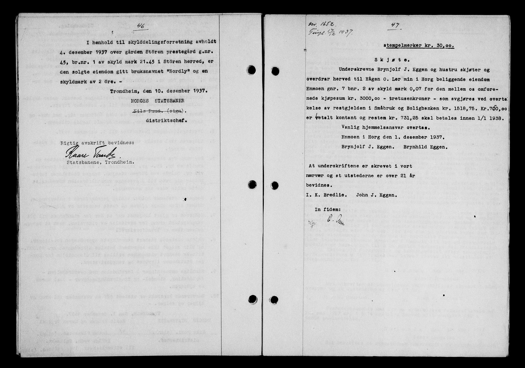 Gauldal sorenskriveri, SAT/A-0014/1/2/2C/L0048: Pantebok nr. 51-52, 1937-1938, s. 46-47, Dagboknr: 1652/1937