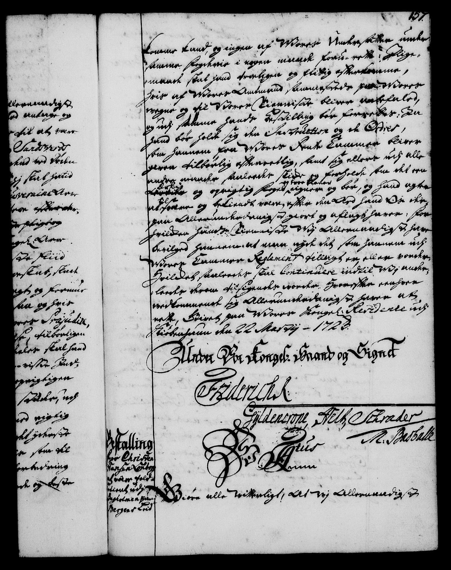 Rentekammeret, Kammerkanselliet, RA/EA-3111/G/Gg/Gge/L0001: Norsk bestallingsprotokoll med register (merket RK 53.25), 1720-1730, s. 157