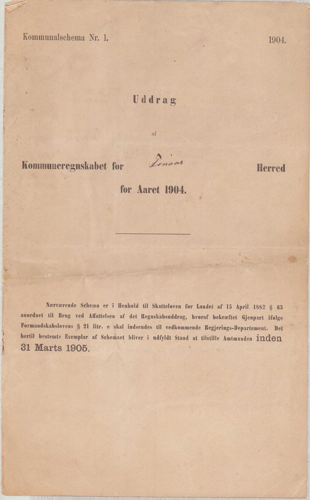 Finnaas kommune. Heradskassen, IKAH/1218a-121/R/Ra/Raa/L0001/0001: Årsrekneskap / Utdrag av kommunerekneskapet, 1904-1910, s. 1