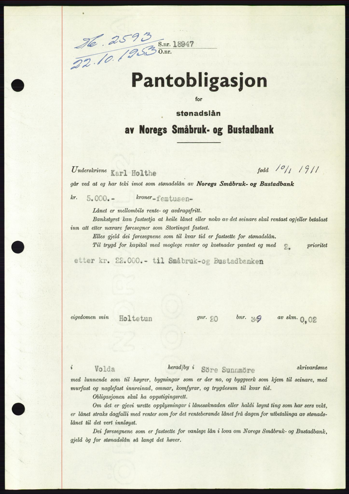 Søre Sunnmøre sorenskriveri, SAT/A-4122/1/2/2C/L0124: Pantebok nr. 12B, 1953-1954, Dagboknr: 2593/1953
