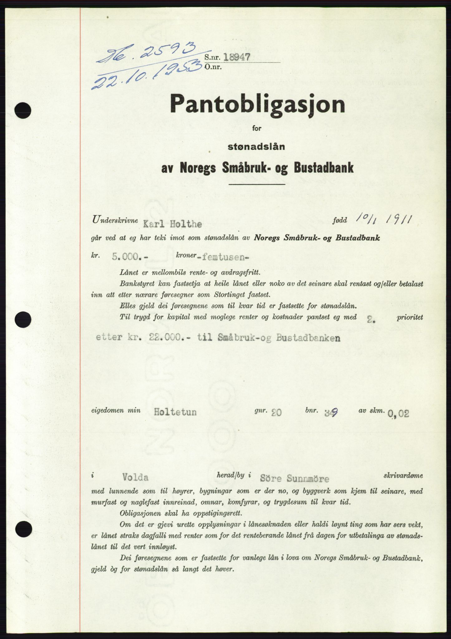 Søre Sunnmøre sorenskriveri, AV/SAT-A-4122/1/2/2C/L0124: Pantebok nr. 12B, 1953-1954, Dagboknr: 2593/1953