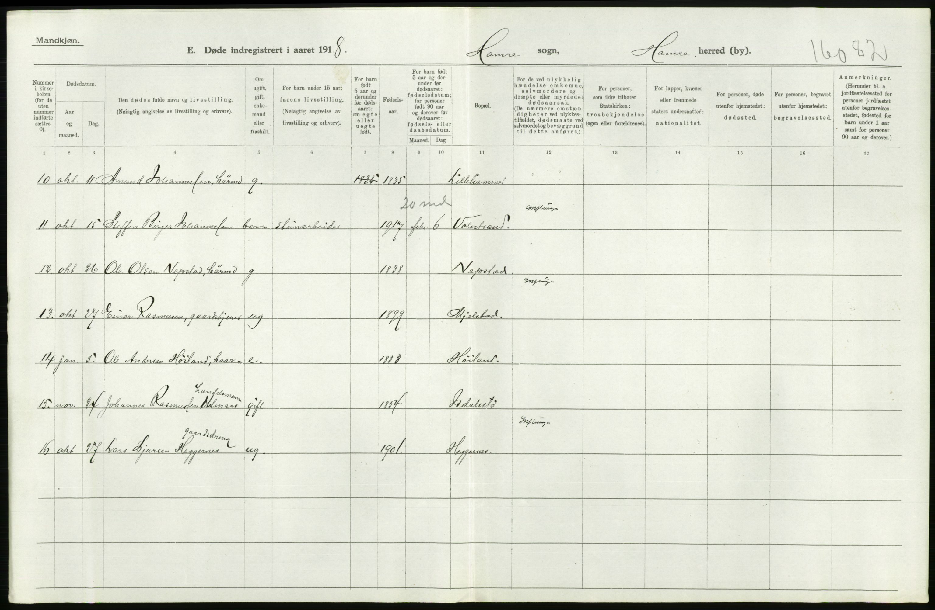 Statistisk sentralbyrå, Sosiodemografiske emner, Befolkning, RA/S-2228/D/Df/Dfb/Dfbh/L0036: Hordaland fylke: Døde., 1918, s. 232