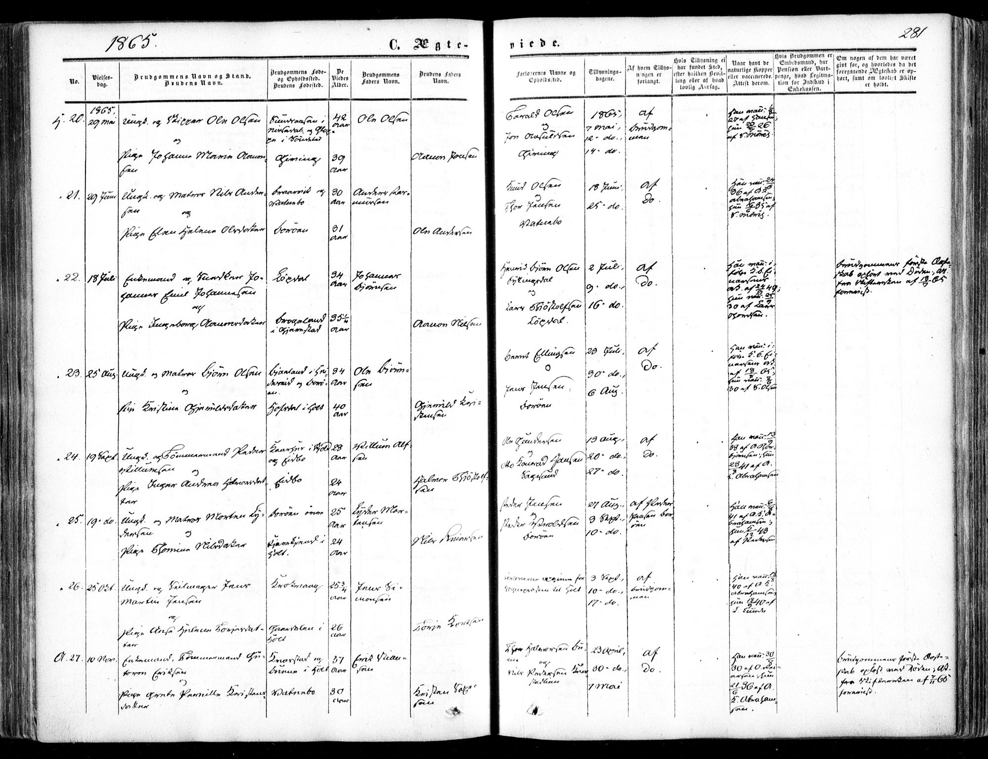 Dypvåg sokneprestkontor, AV/SAK-1111-0007/F/Fa/Faa/L0006: Ministerialbok nr. A 6, 1855-1872, s. 281