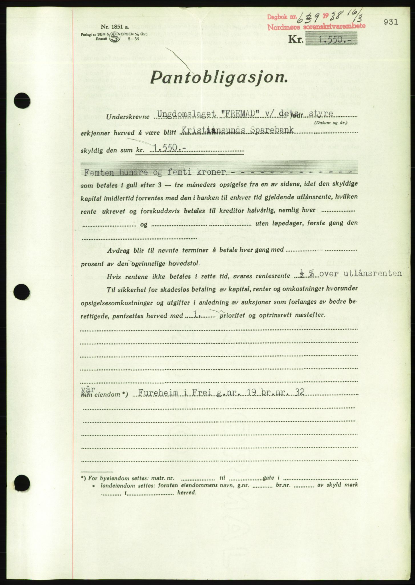 Nordmøre sorenskriveri, AV/SAT-A-4132/1/2/2Ca/L0092: Pantebok nr. B82, 1937-1938, Dagboknr: 639/1938