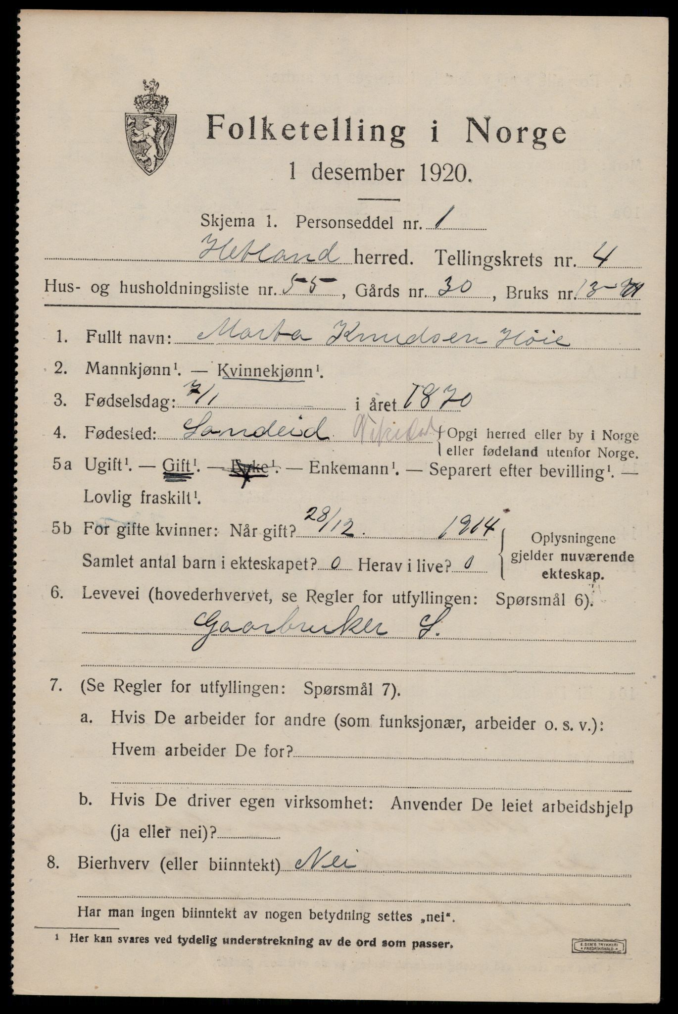 SAST, Folketelling 1920 for 1126 Hetland herred, 1920, s. 6901