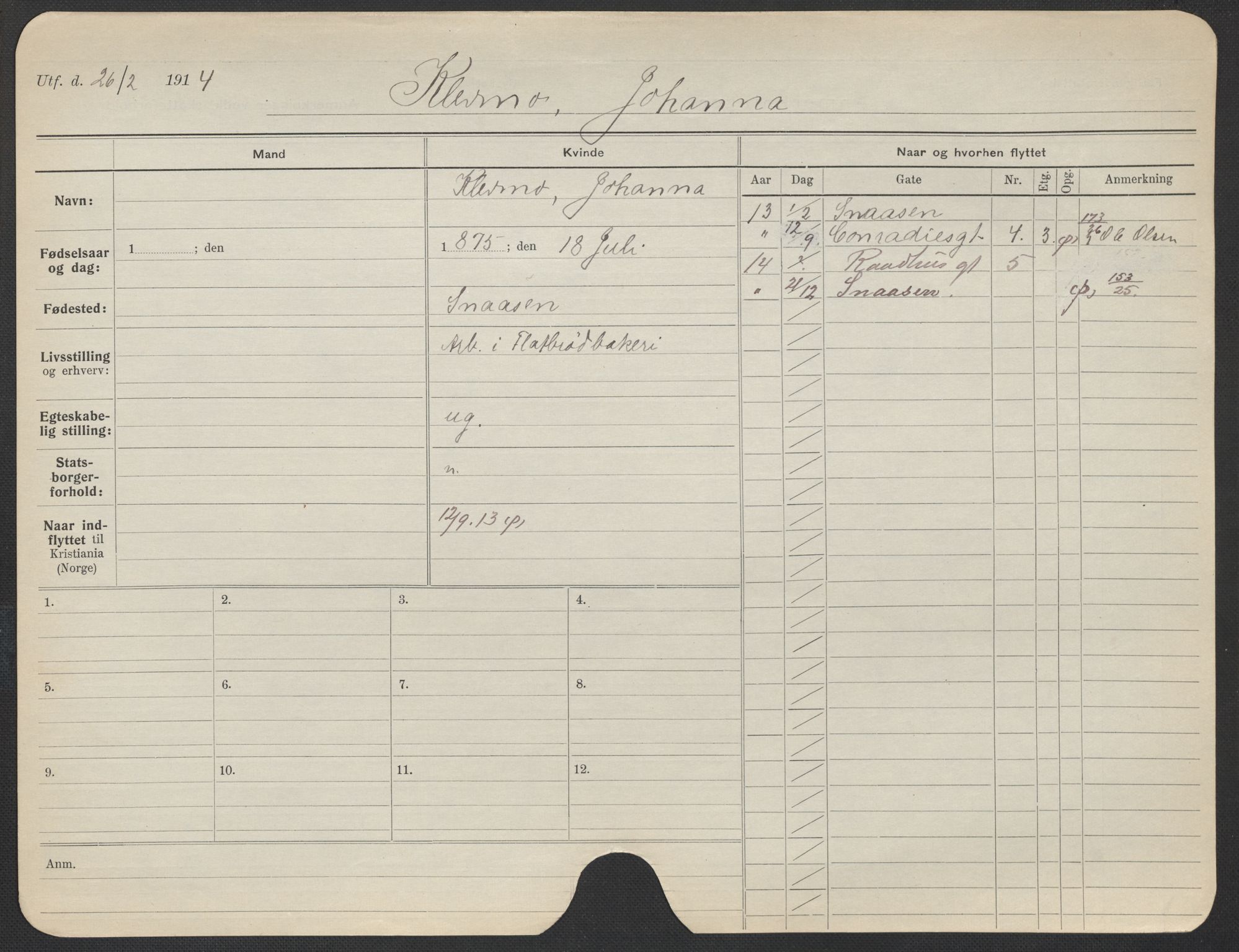 Oslo folkeregister, Registerkort, AV/SAO-A-11715/F/Fa/Fac/L0018: Kvinner, 1906-1914, s. 1152a