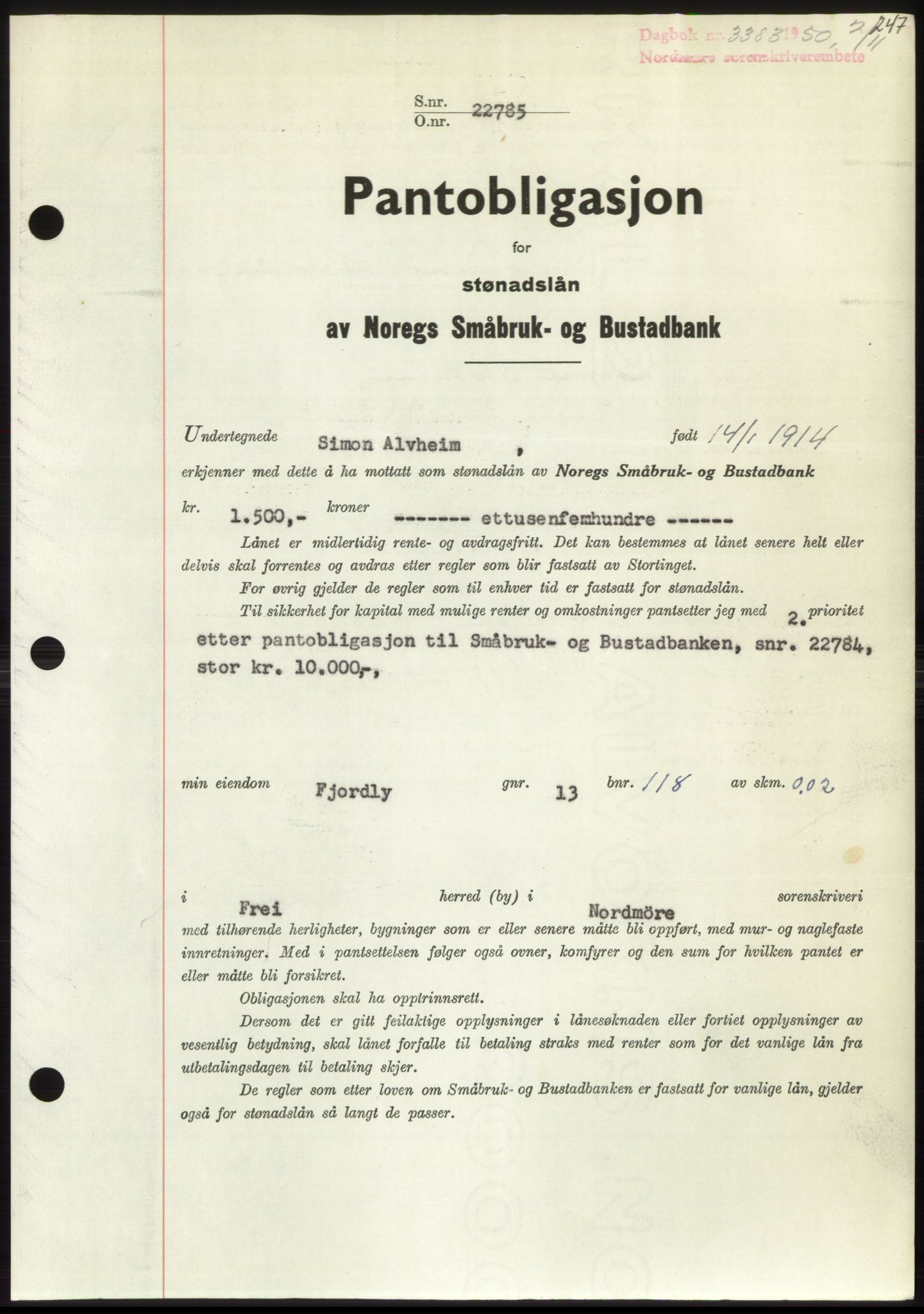 Nordmøre sorenskriveri, SAT/A-4132/1/2/2Ca: Pantebok nr. B106, 1950-1950, Dagboknr: 3383/1950