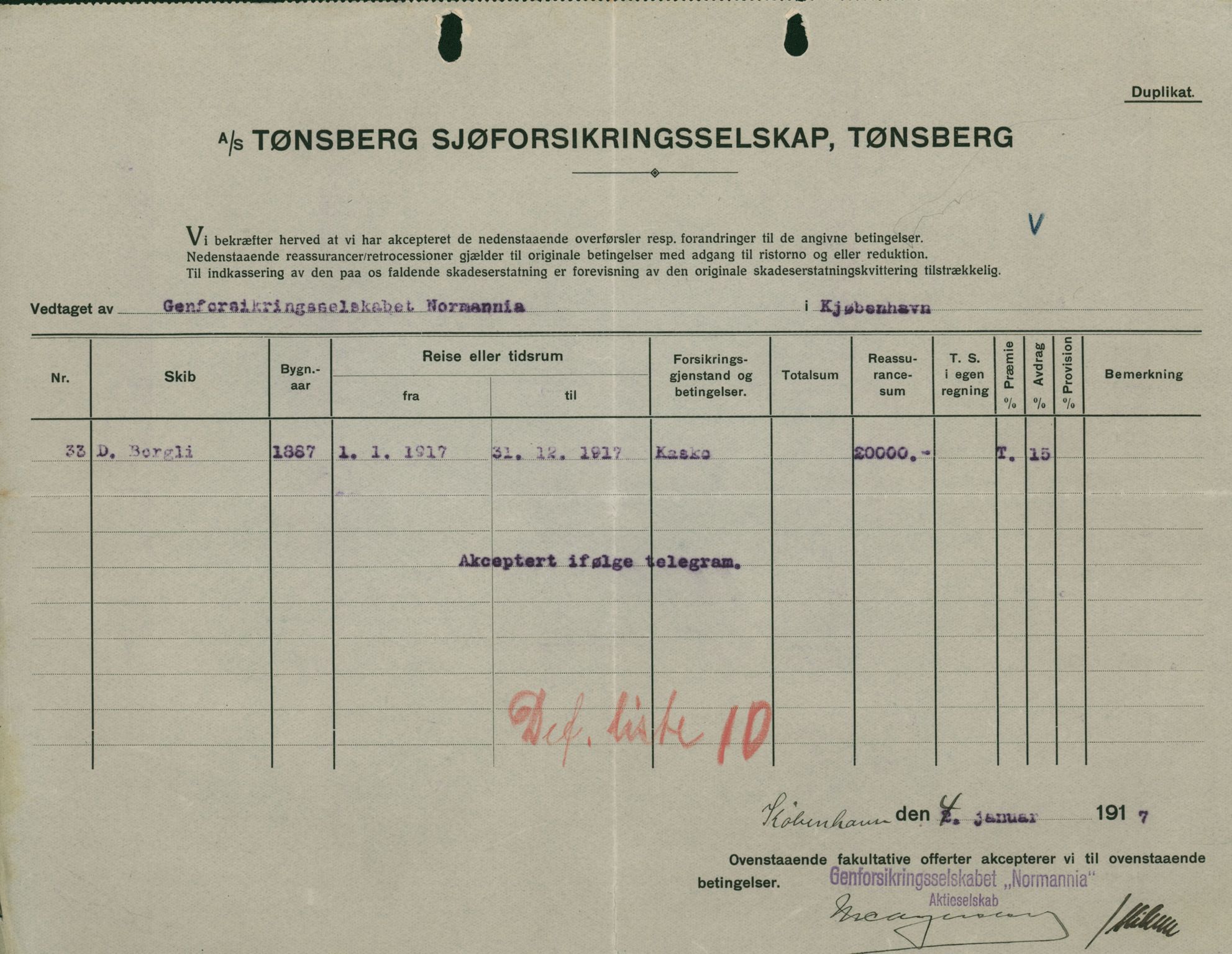 Pa 664 - Tønsberg Sjøforsikringsselskap, VEMU/A-1773/F/L0001: Forsikringspoliser, 1915-1918